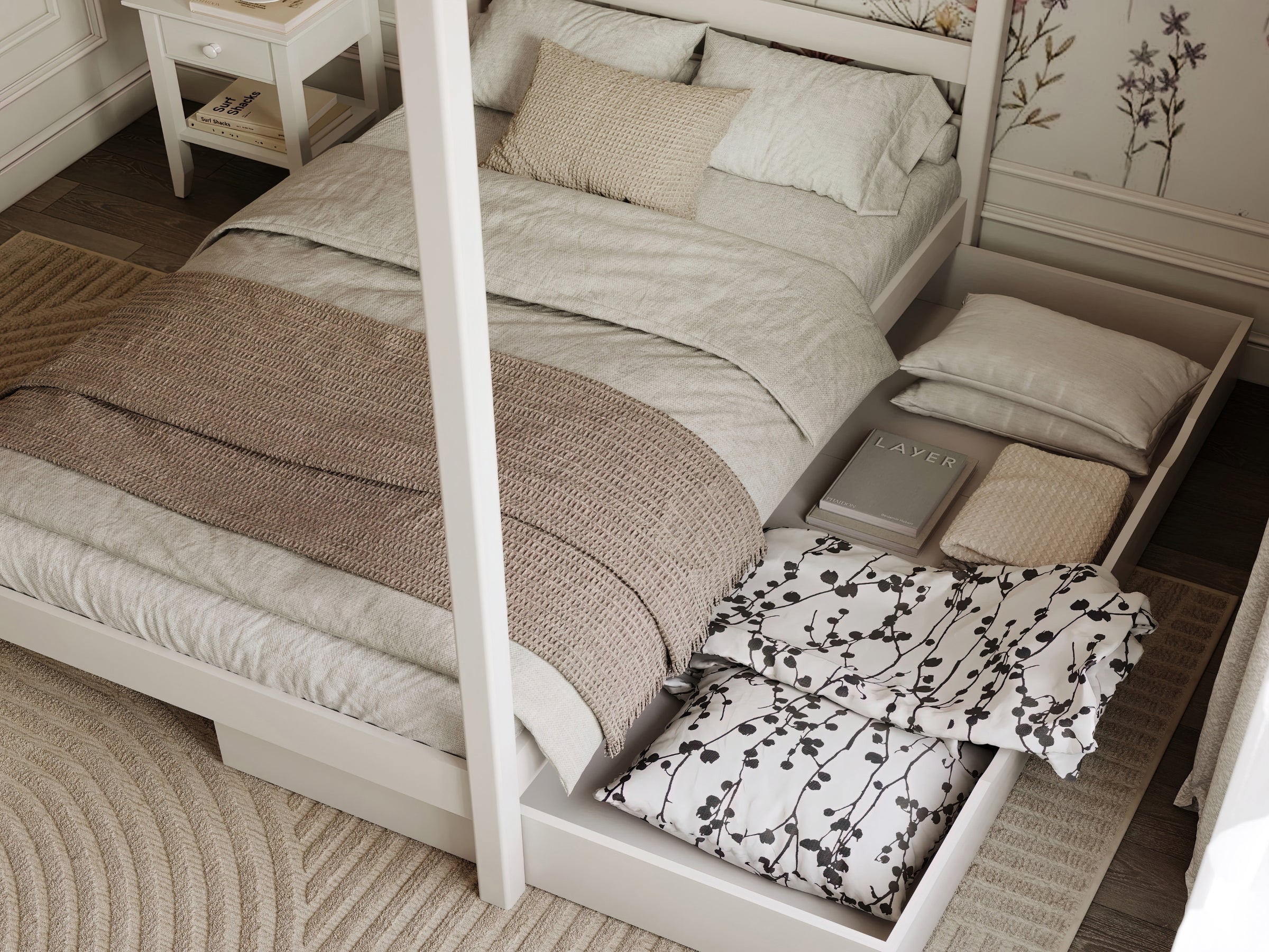 Letto bianco con baldacchino e cassetto – vista laterale, in legno