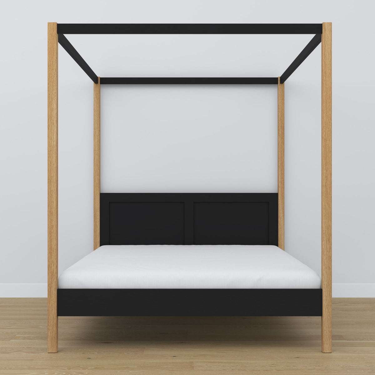 Double bed black and oak with canopy – wooden frame corner, close-up