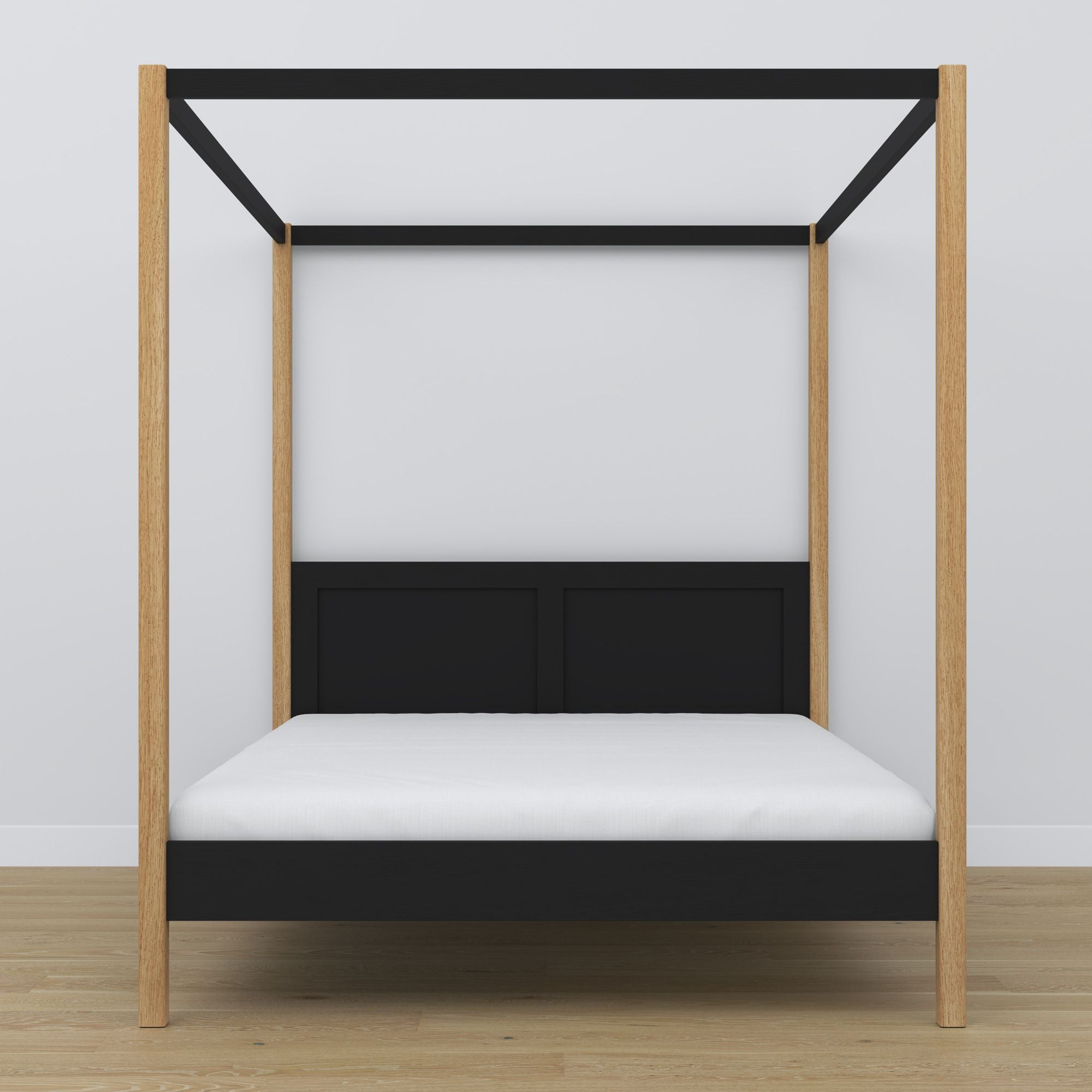 Double bed black and oak with canopy – wooden frame corner, close-up