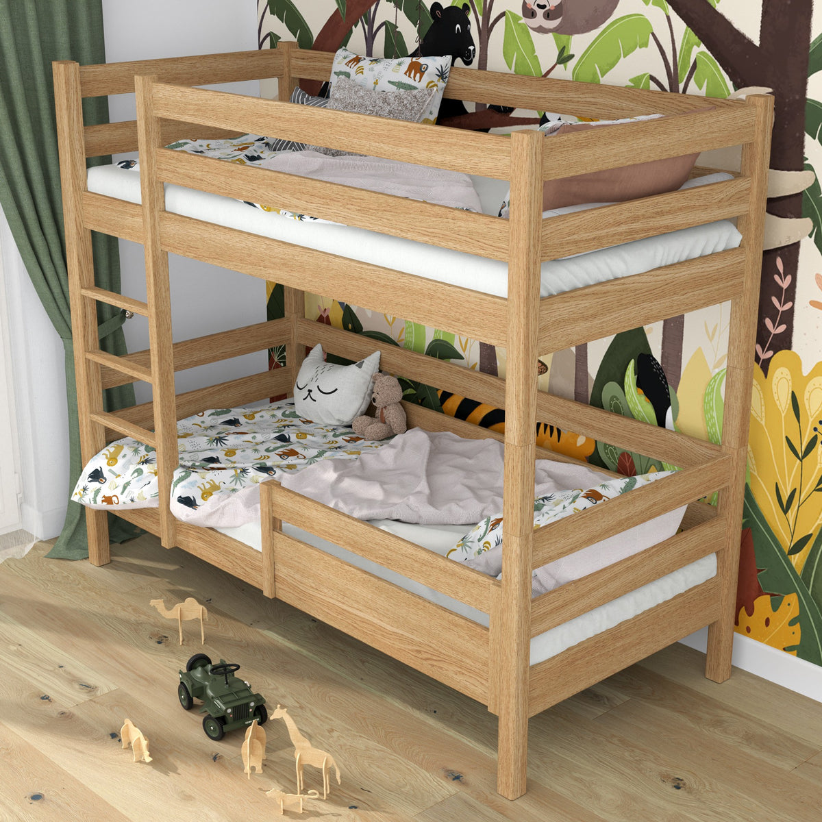 Fall protection rail natural oak mounted on the bed – close-up
