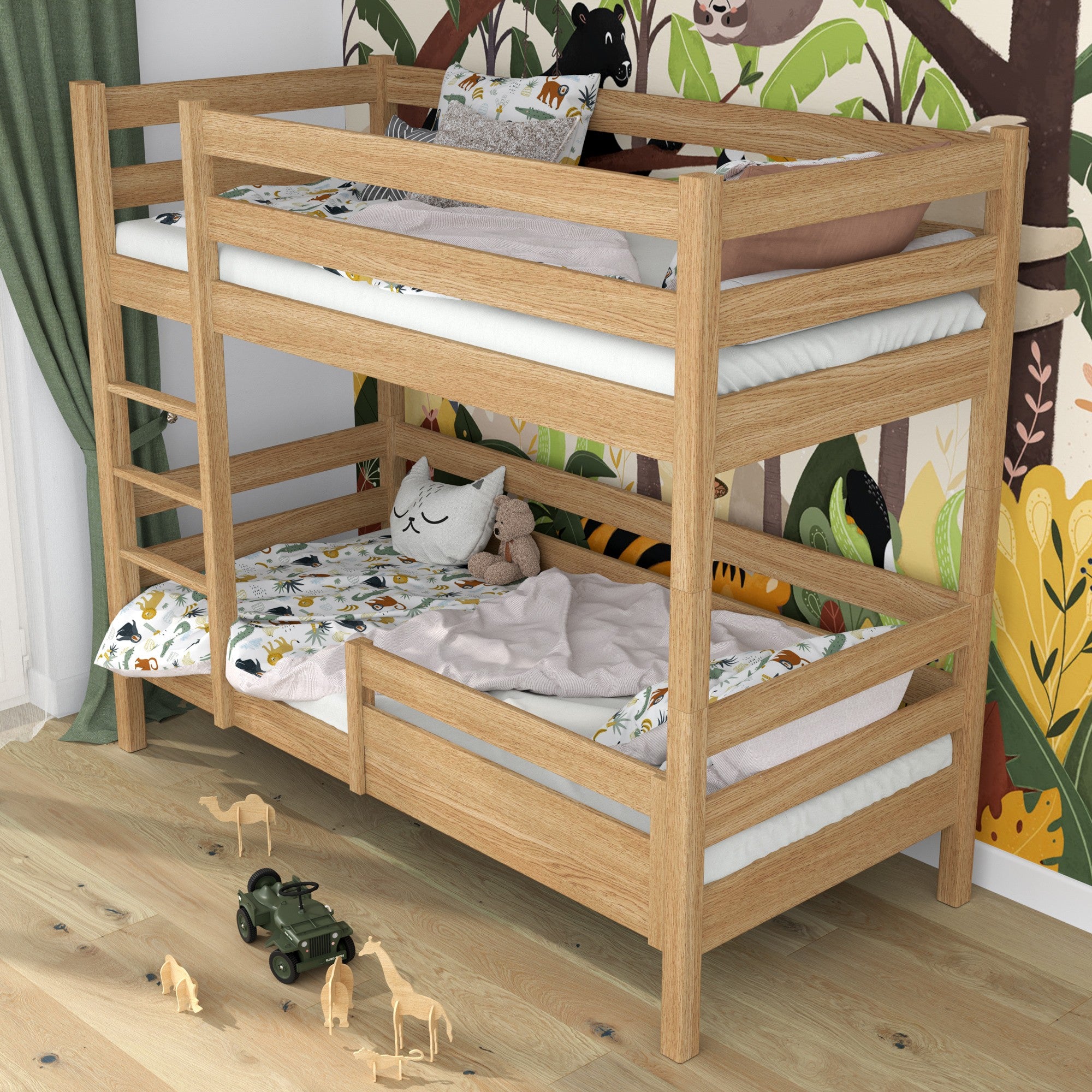 Fall protection rail natural oak mounted on the bed – close-up