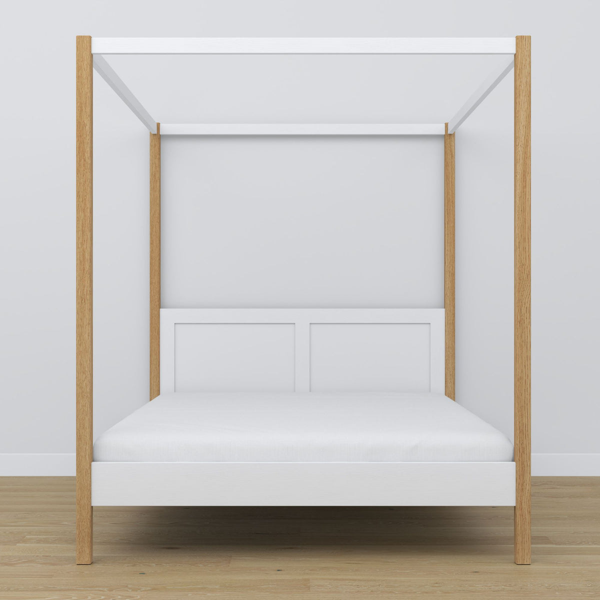 Double bed white and oak with canopy – wooden frame corner, close-up