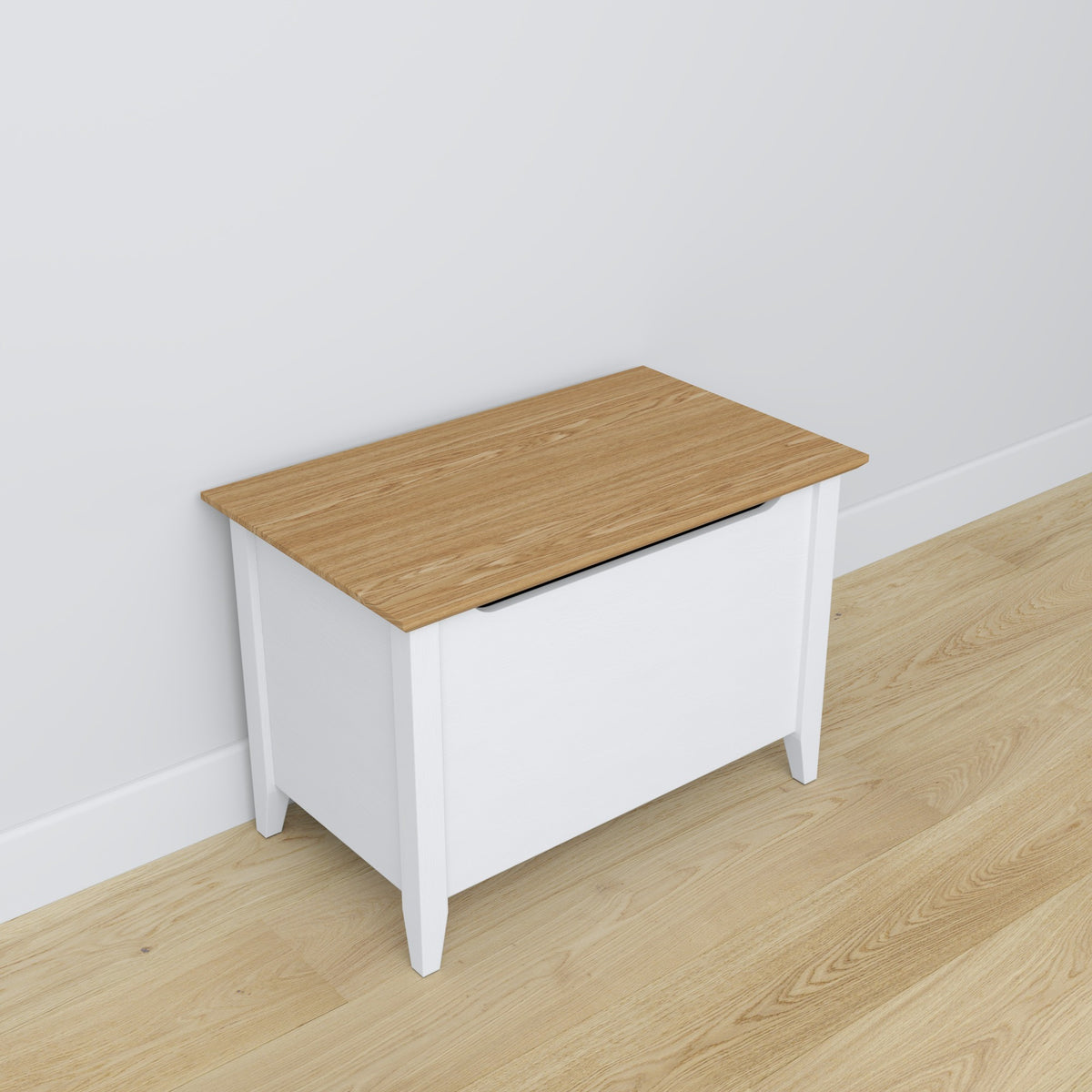 Baule bianco con quercia in legno – vista laterale, proporzioni del mobile, Nizio