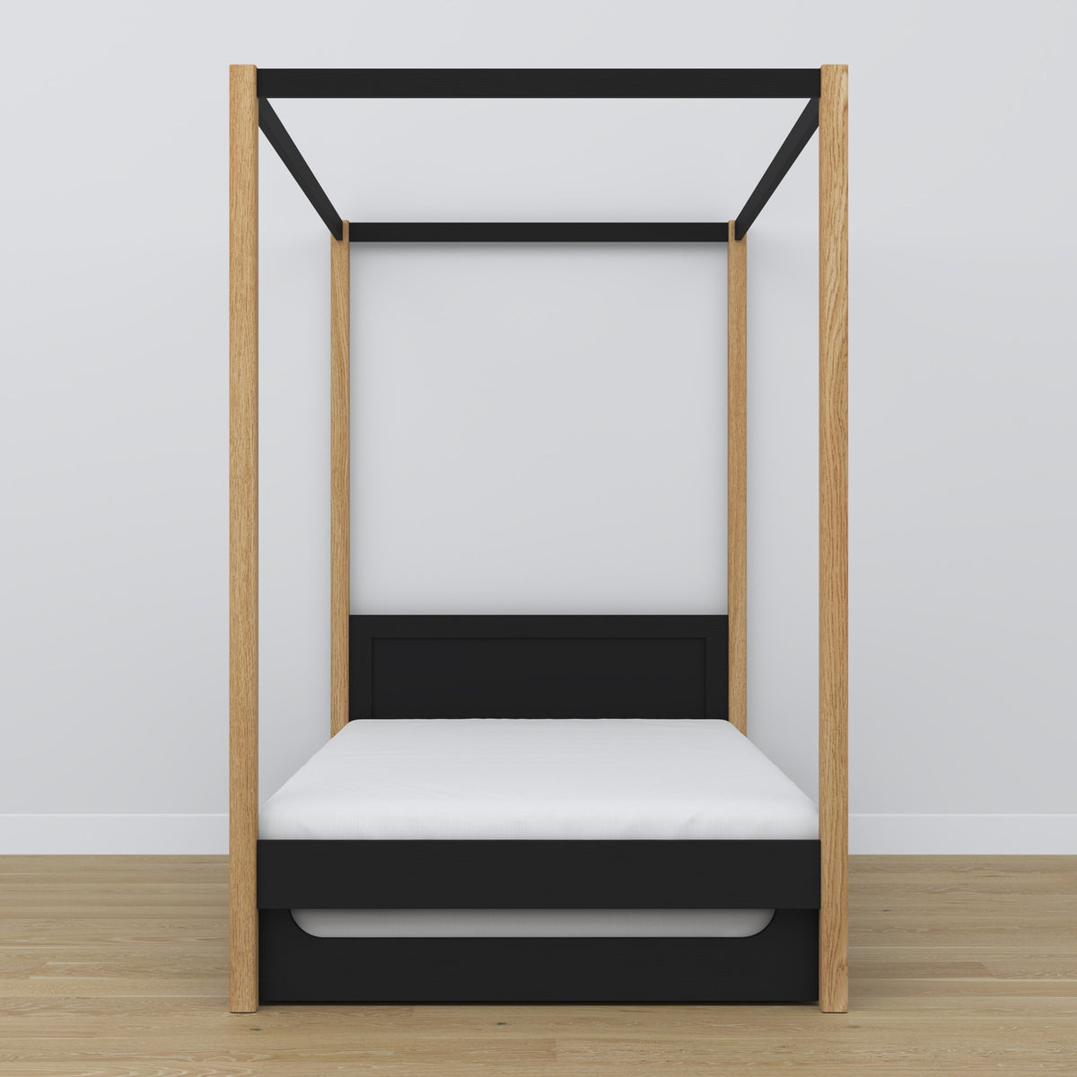 Black and Oak Canopy Bed with Drawer – Side View, Wooden, Nizio
