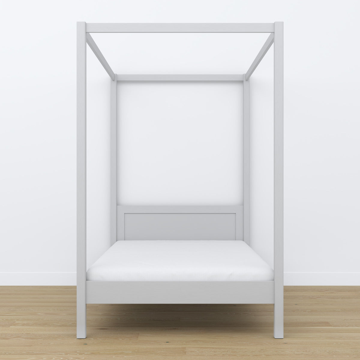 Wooden grey canopy bed – close-up of canopy and headboard