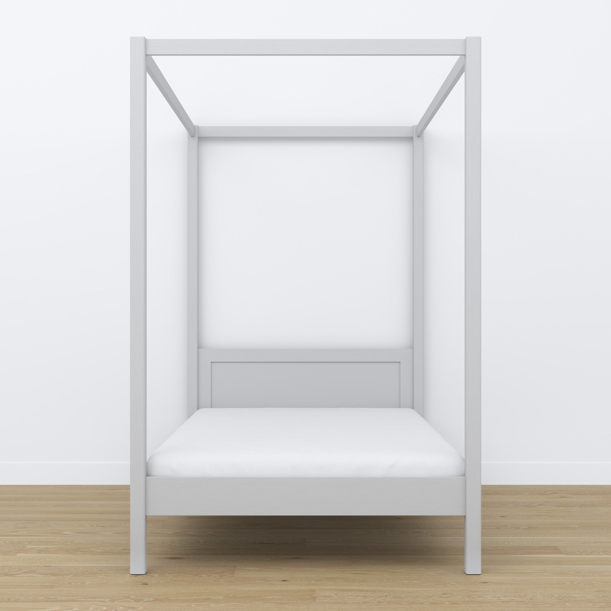 Wooden grey canopy bed – close-up of canopy and headboard
