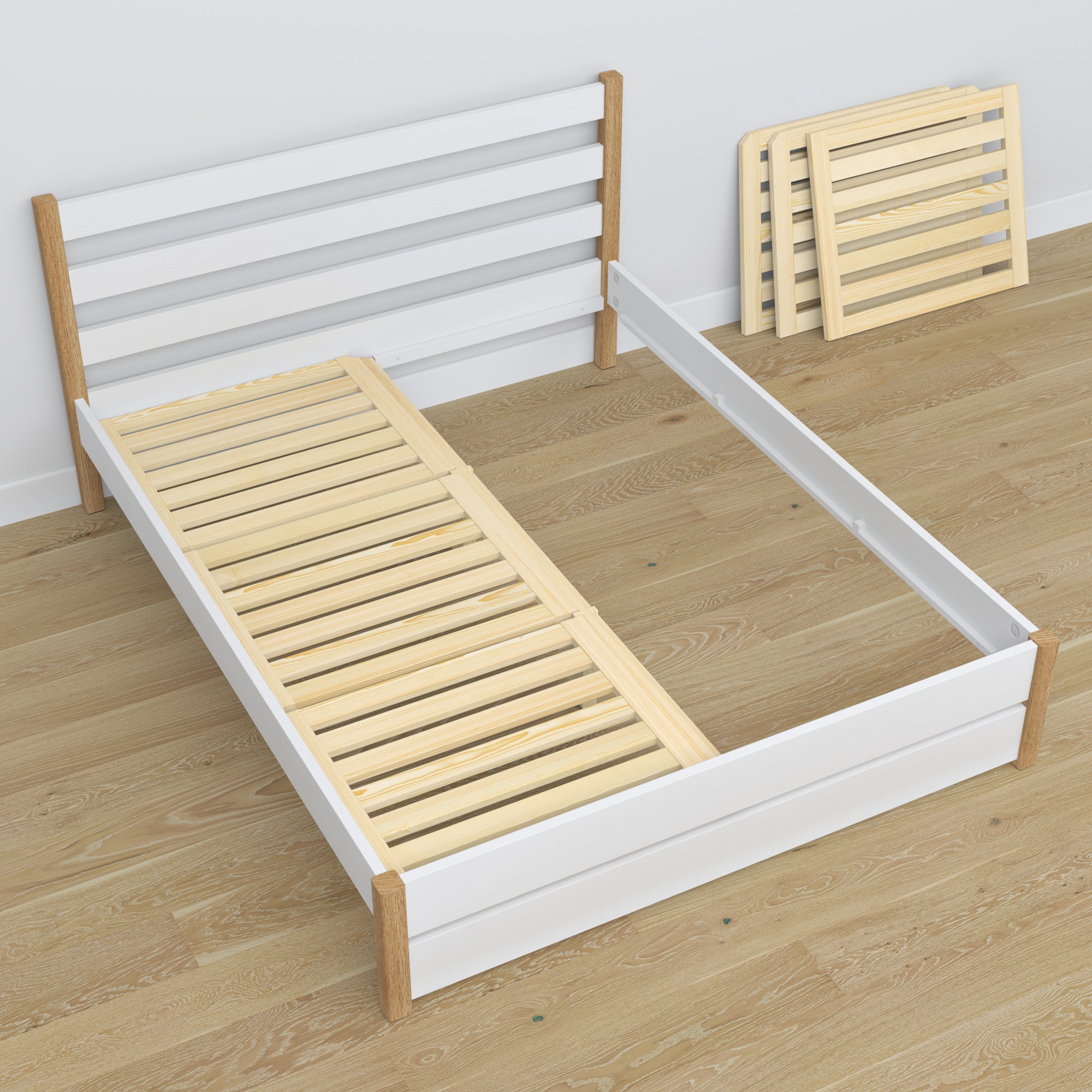 Letto matrimoniale bianco con quercia in legno – dimensioni e schema, Nizio Home