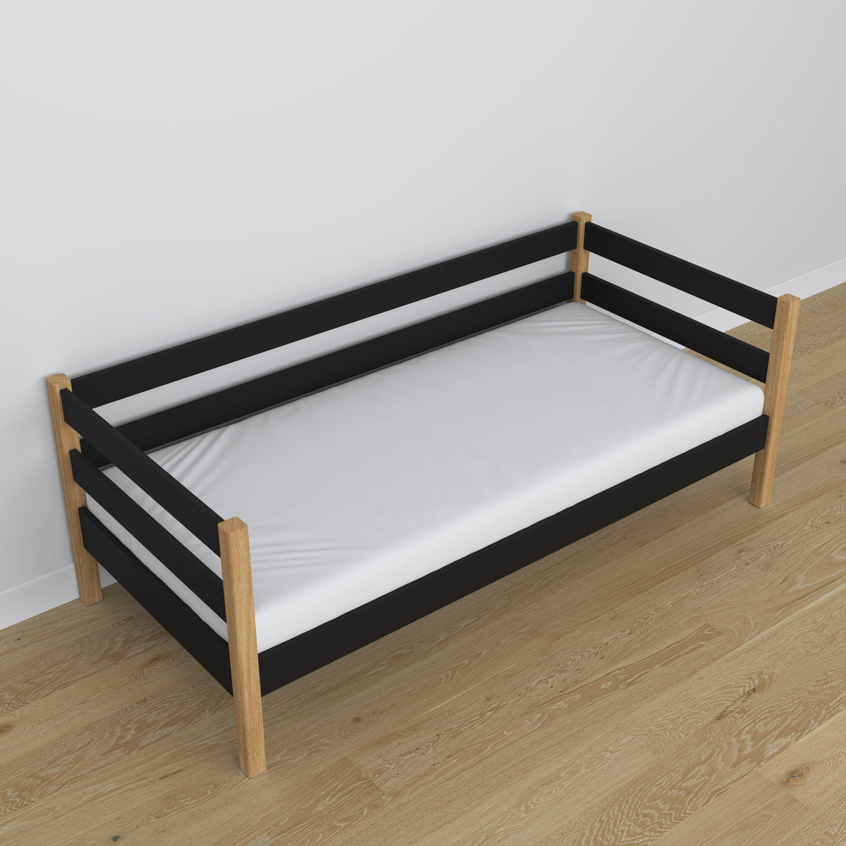 Letto divano nero-quercia in legno – dimensioni e schema, Nizio