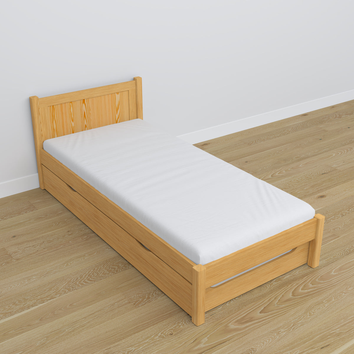Letto pino naturale – cassetto per materasso, dettagli in legno, Nizio Home