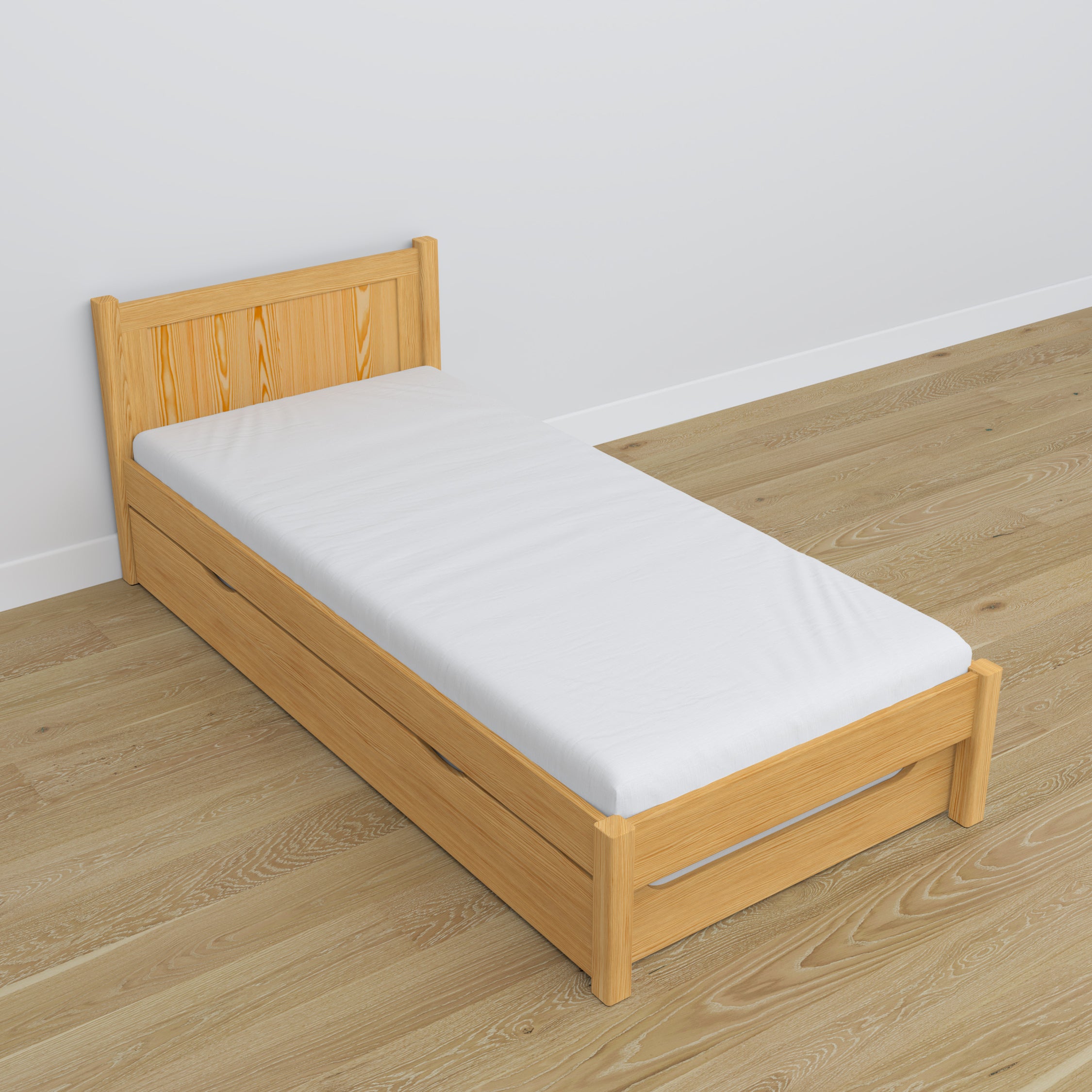 Letto pino naturale – cassetto per materasso, dettagli in legno, Nizio Home
