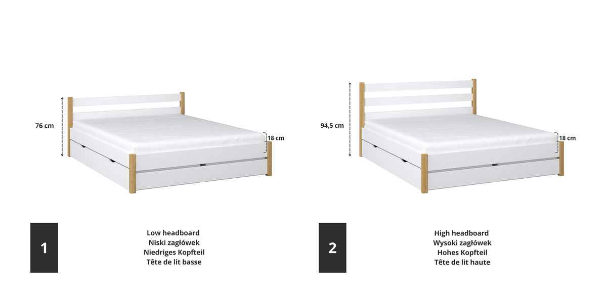 Letto matrimoniale in legno bianco con quercia – dettaglio giunzioni e cassetti, Nizio