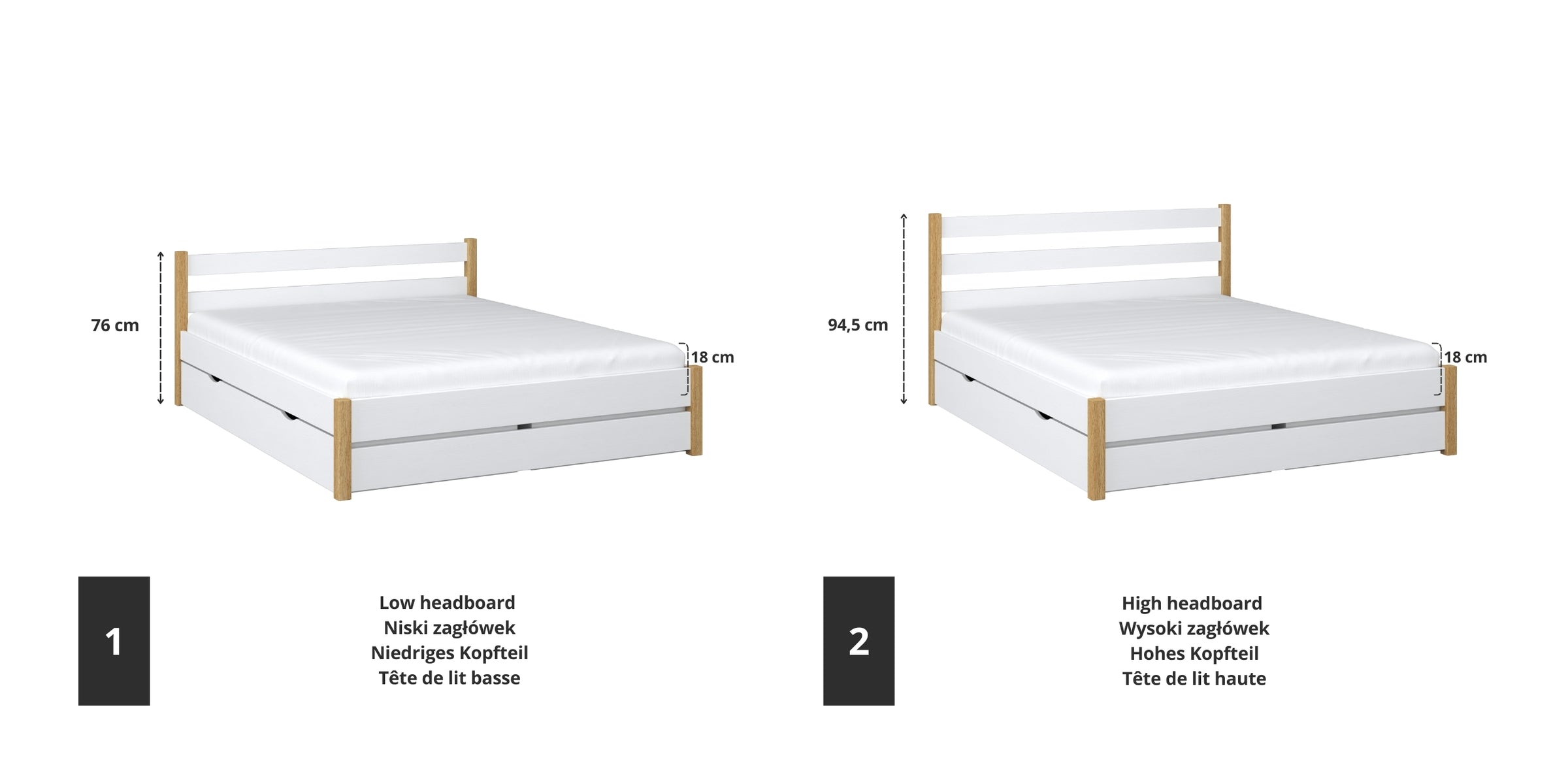 Letto matrimoniale in legno bianco con quercia – dettaglio giunzioni e cassetti, Nizio