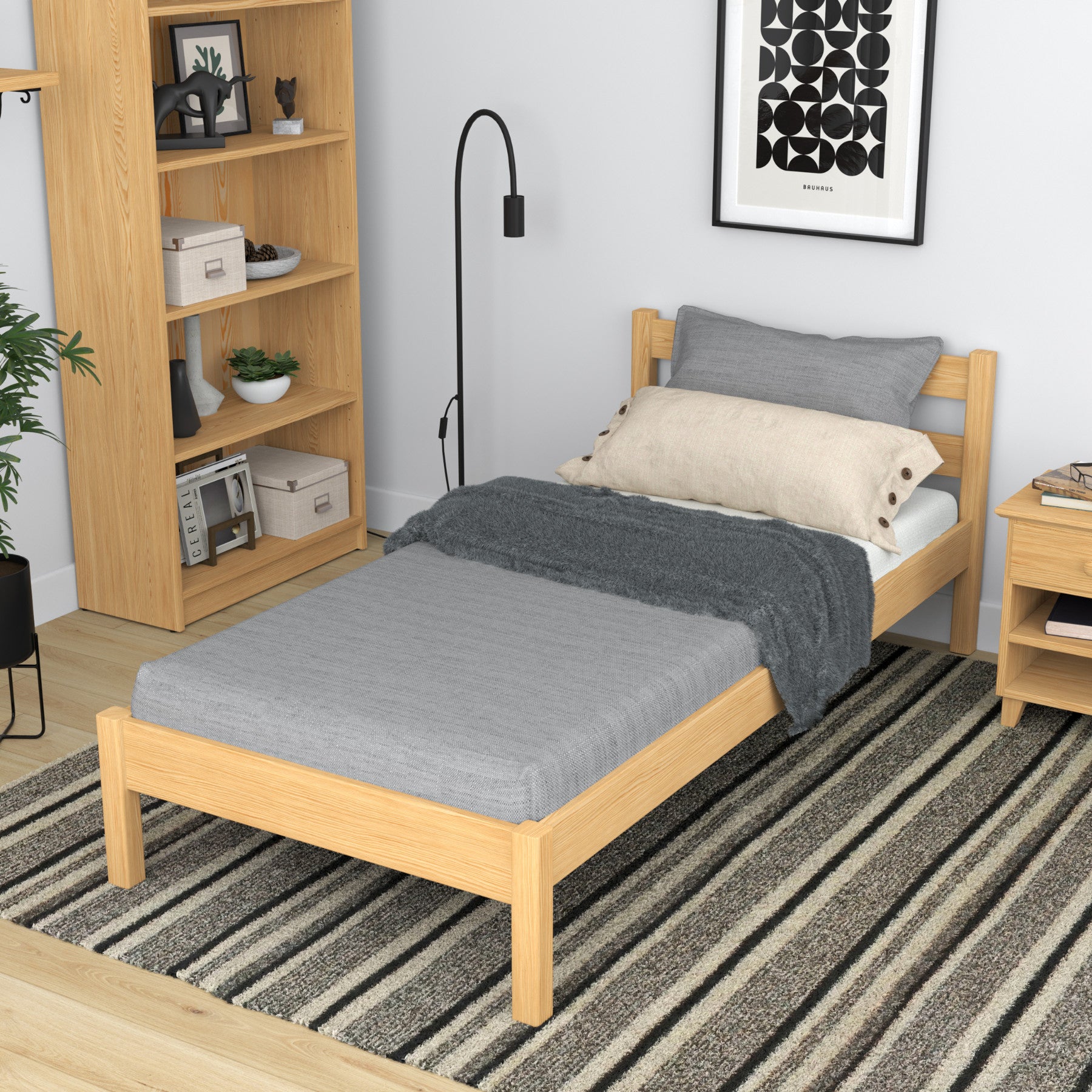 Single wooden bed natural pine – side view, furniture proportions