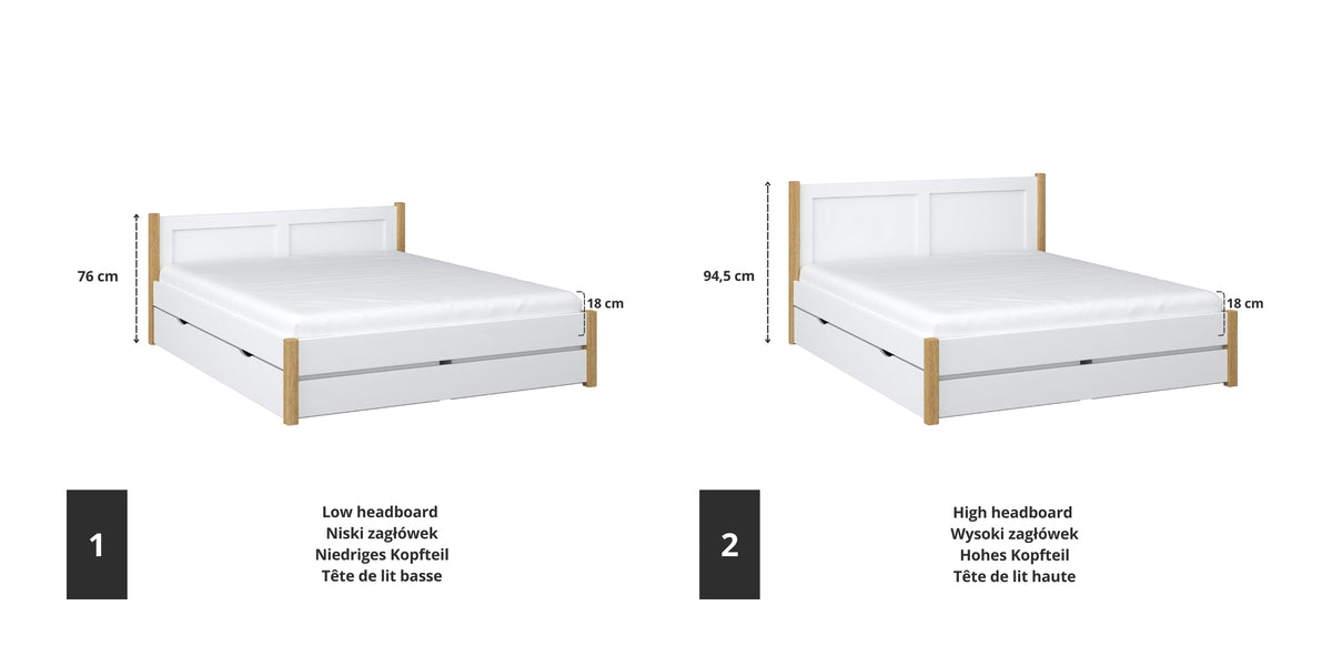 Letto matrimoniale in legno bianco con quercia – dettaglio giunzioni e cassetti, Nizio