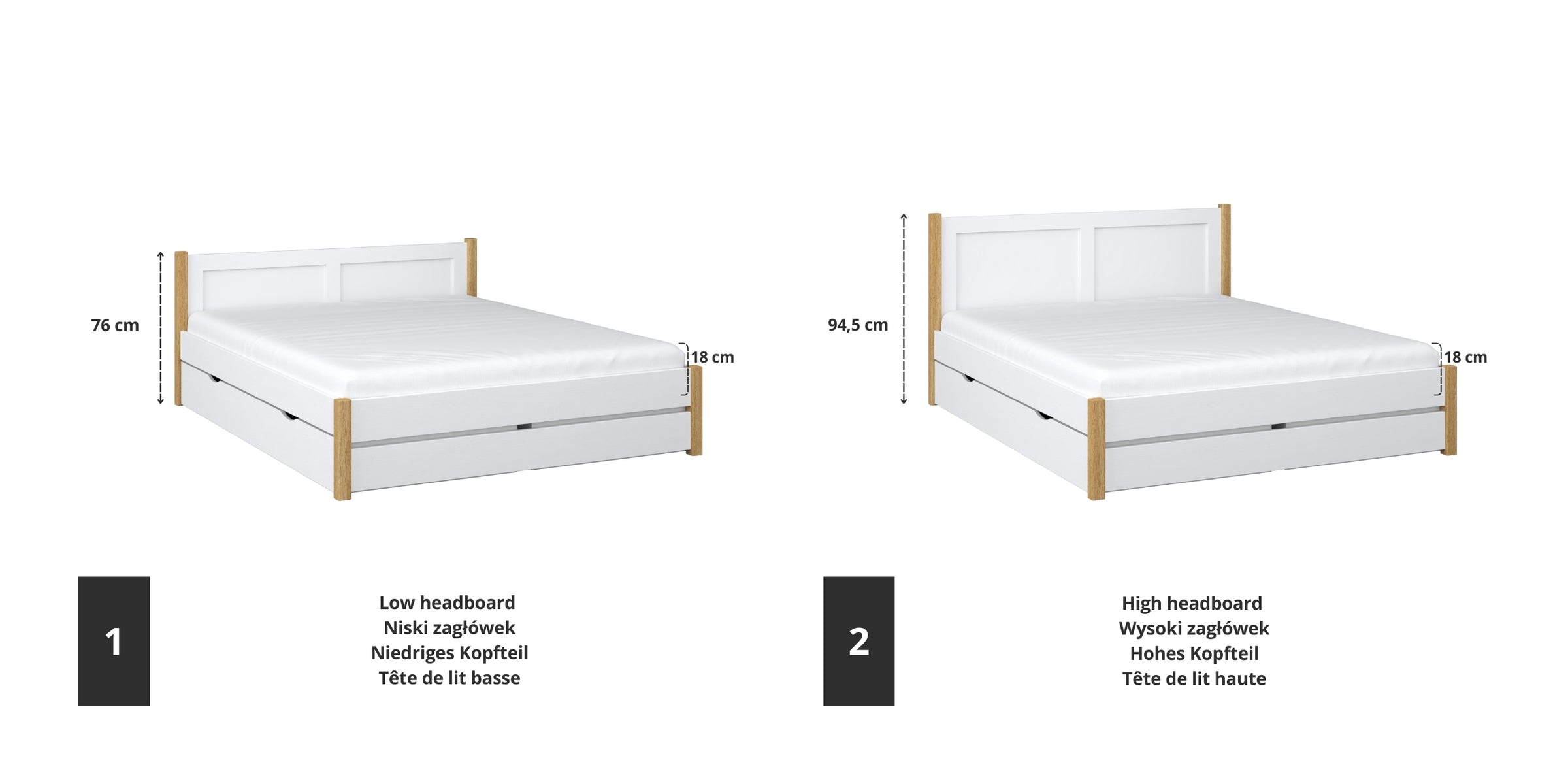 Letto matrimoniale in legno bianco con quercia – dettaglio giunzioni e cassetti, Nizio