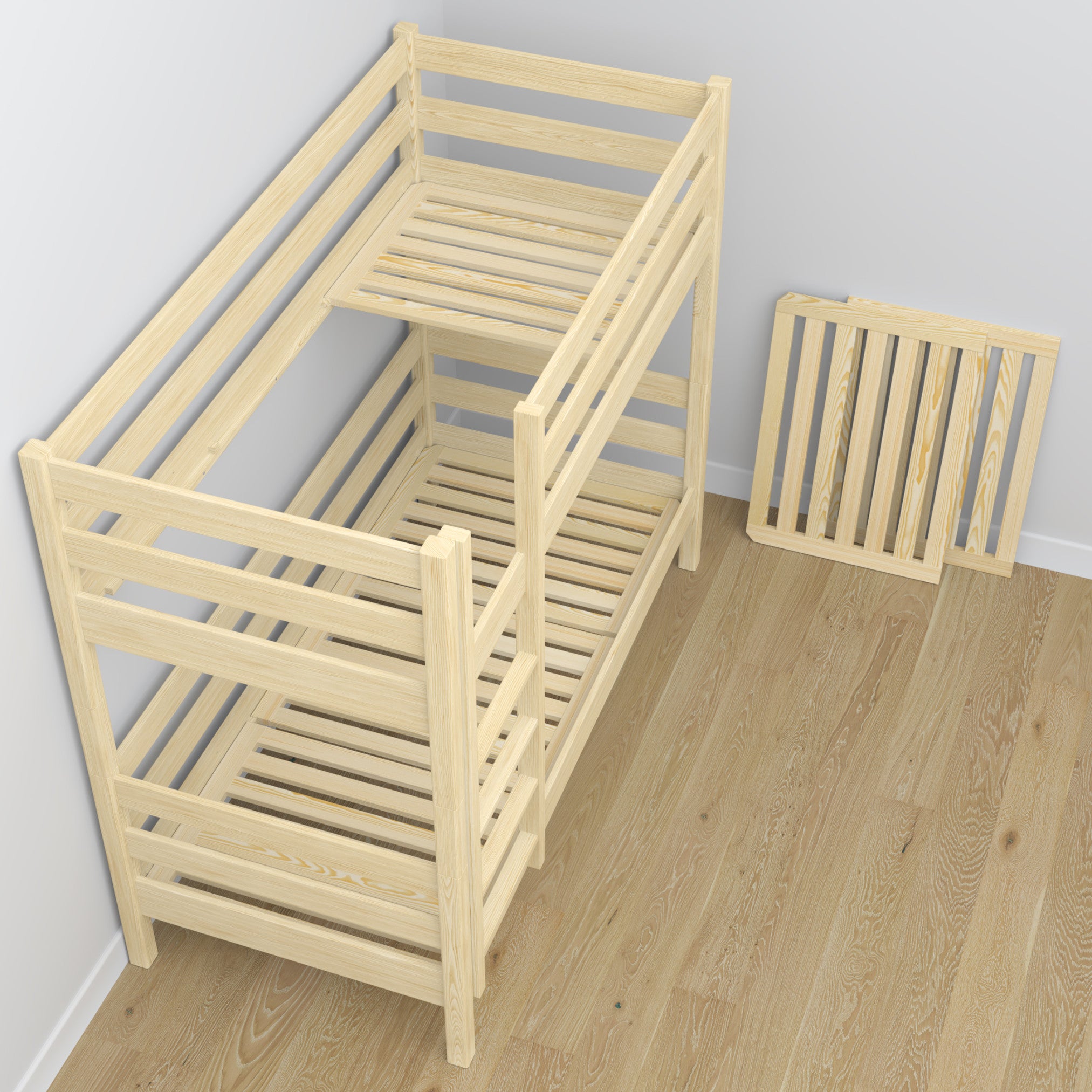 Letto a castello in legno pino trasparente con cassetto – allestimento nella cameretta dei bambini scandi
