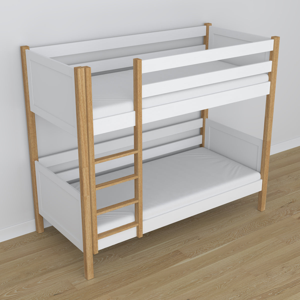 White and Oak Bunk Bed in Children’s Room – Scandi Arrangement, Wooden