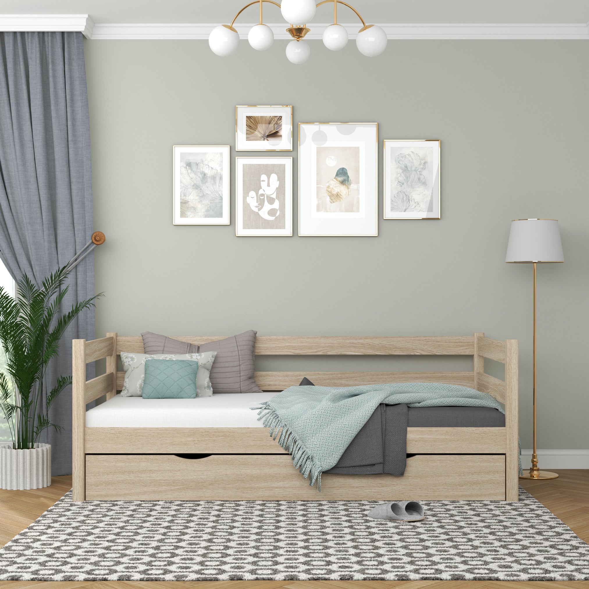 Sofa bed bleached oak – oak side barrier, side view, Nizio