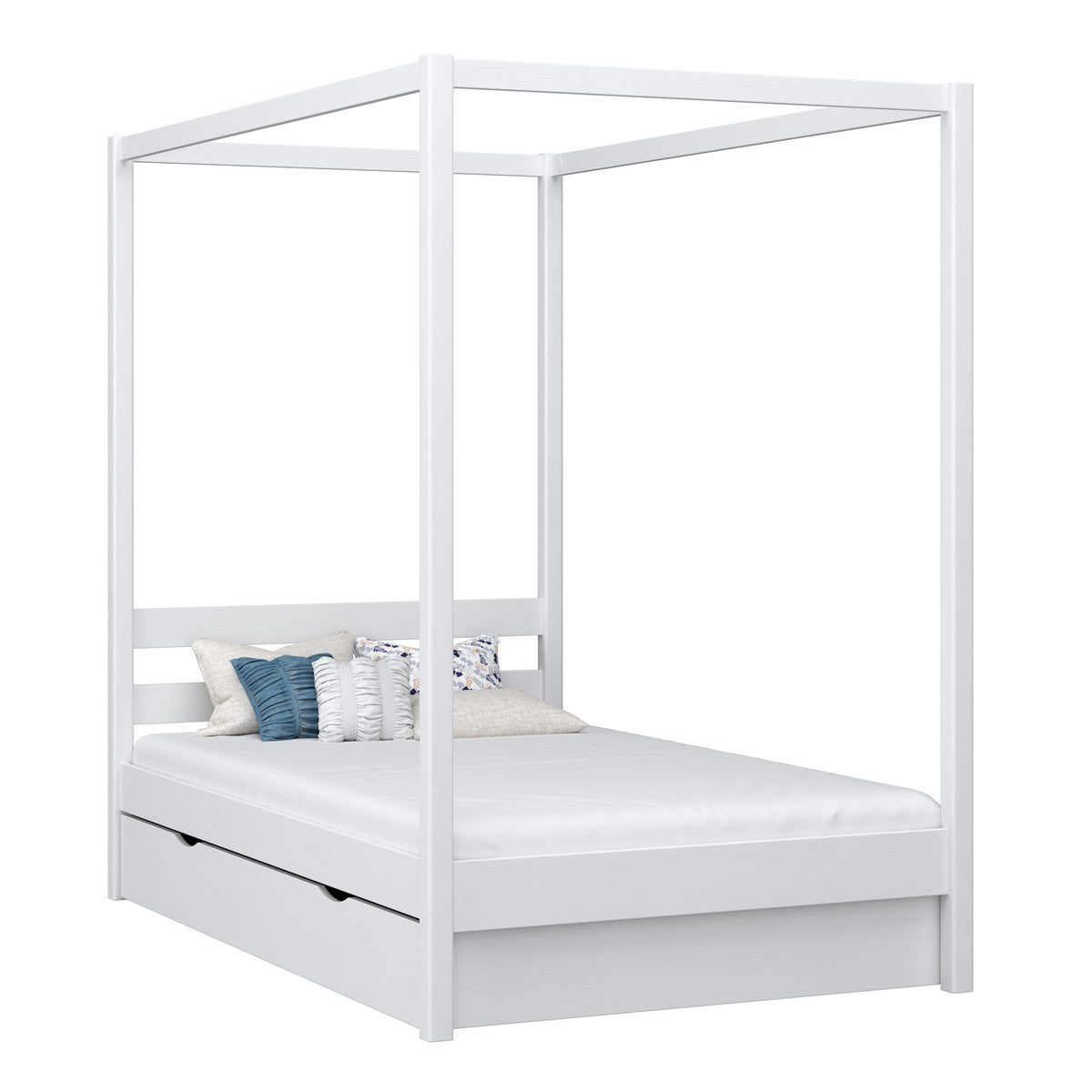 Letto con baldacchino e cassetto in legno bianco – stanza per bambini, stile scandi