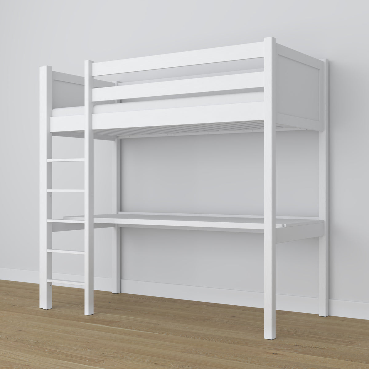 Letto a soppalco bianco in legno – vista dall'alto su camera da letto, Nizio