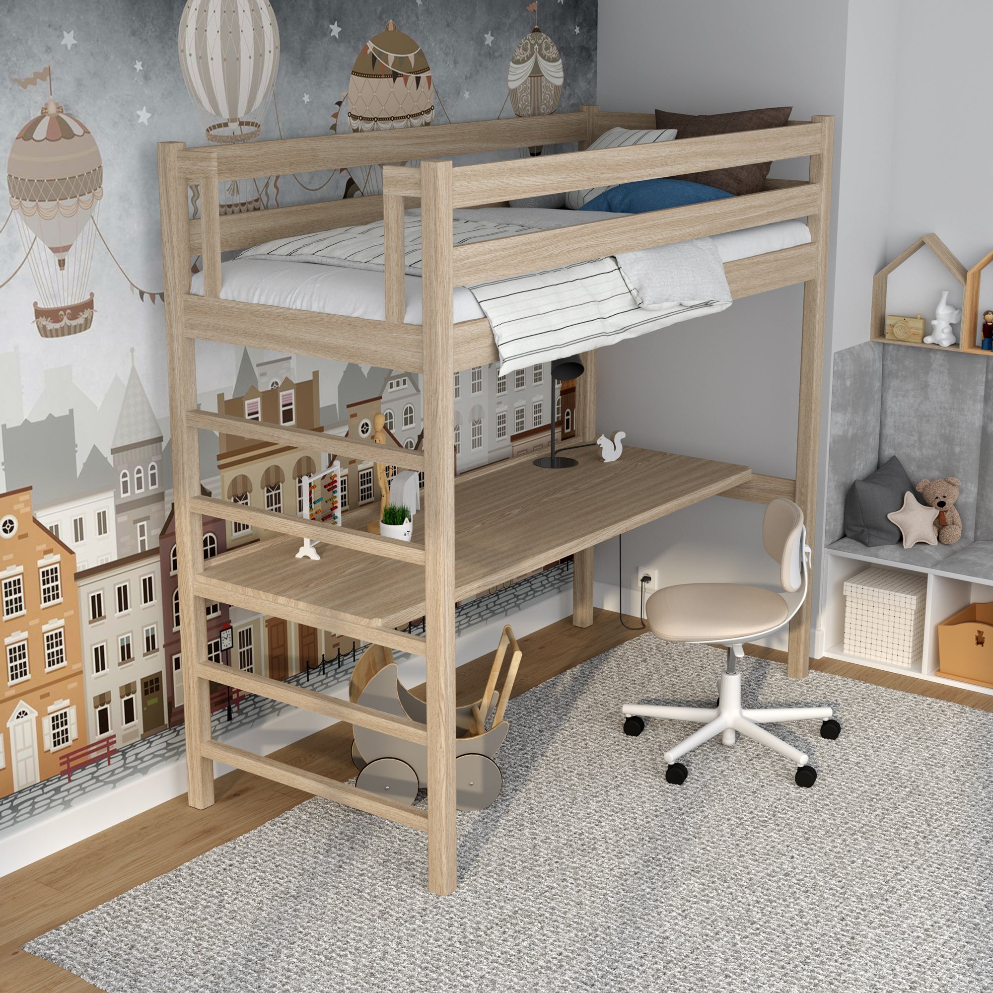 Letto a soppalco quercia sbiancata – scrivania in quercia sotto camera da letto, stanza per bambini scandi