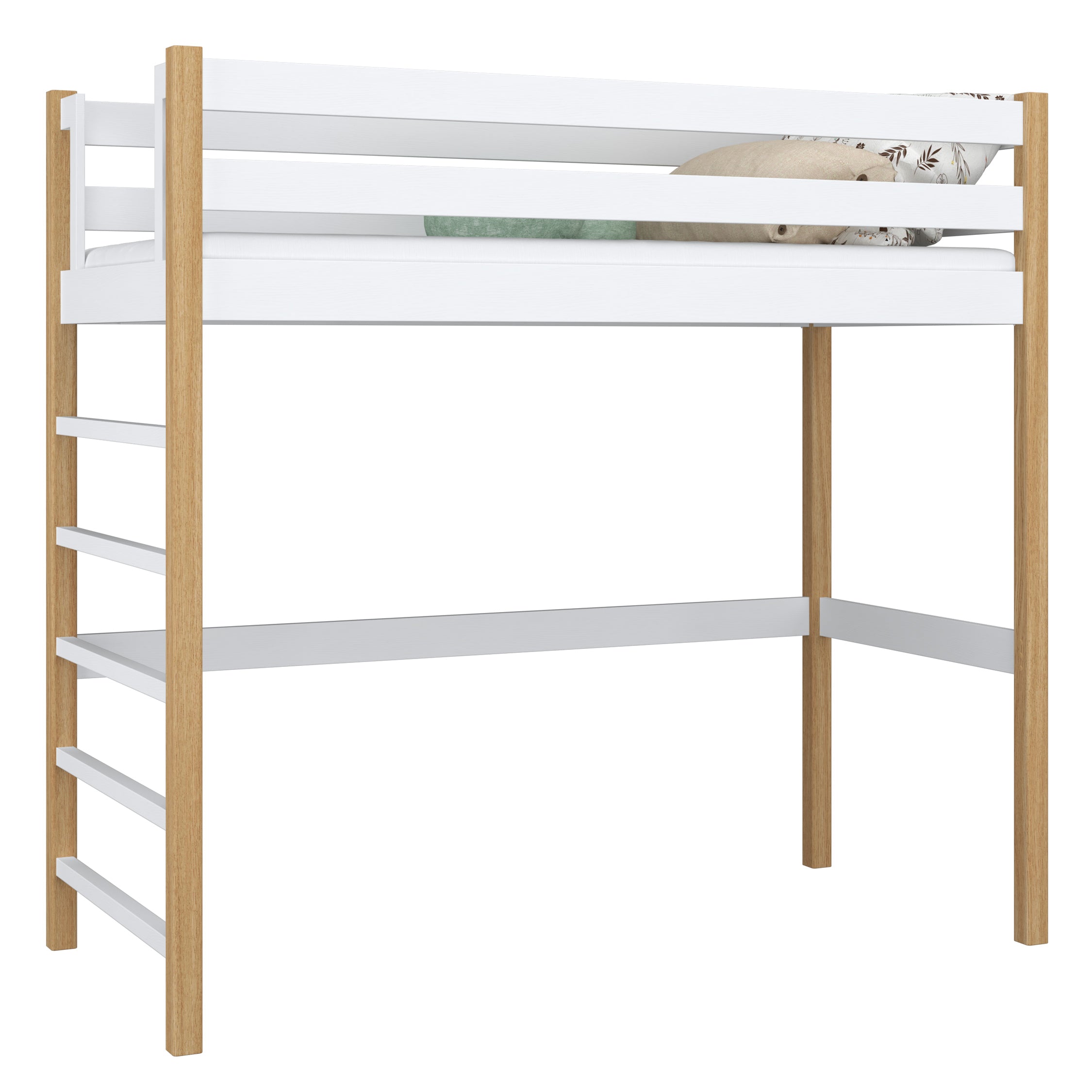 Letto a soppalco bianco-quercia – scala e sponda in legno, Nizio Home