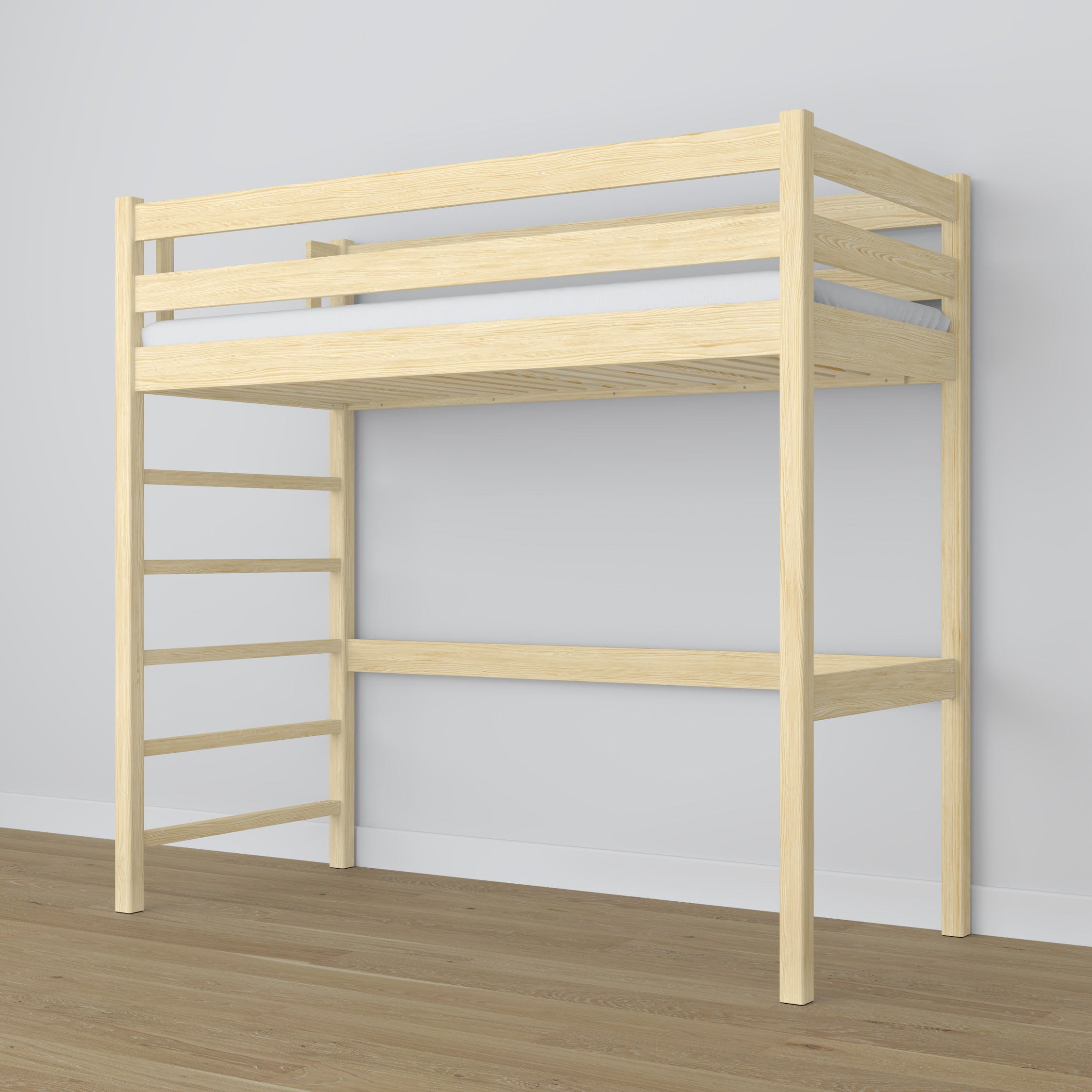 Letto a soppalco in legno pino trasparente – struttura con doghe, vista laterale
