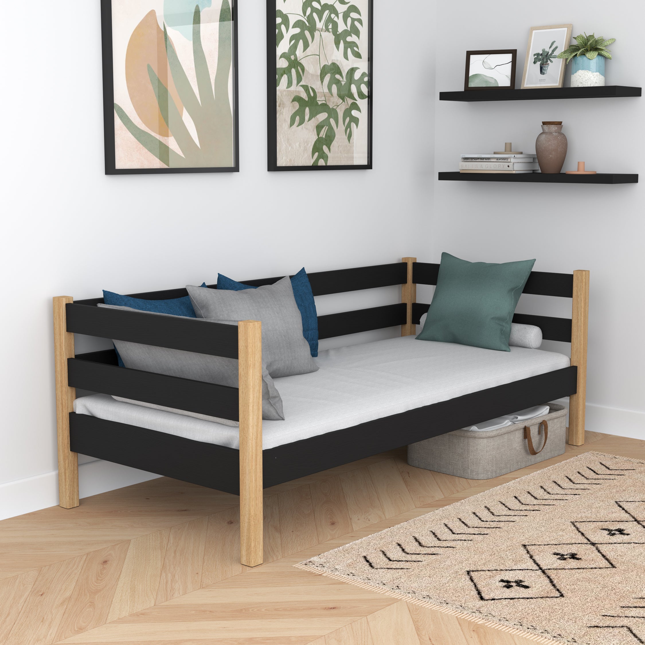 Letto divano nero-quercia – laterale sponda in legno, sicurezza per bambini