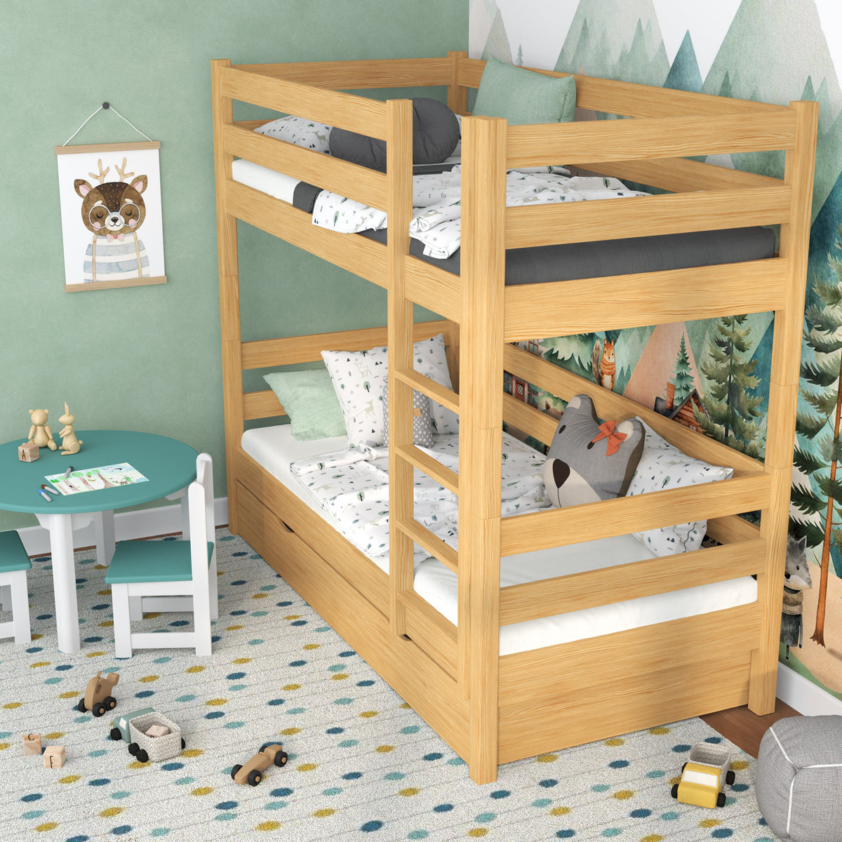 Letto a castello pino naturale per bambini – due della camera da lettoe e cassetto, in legno