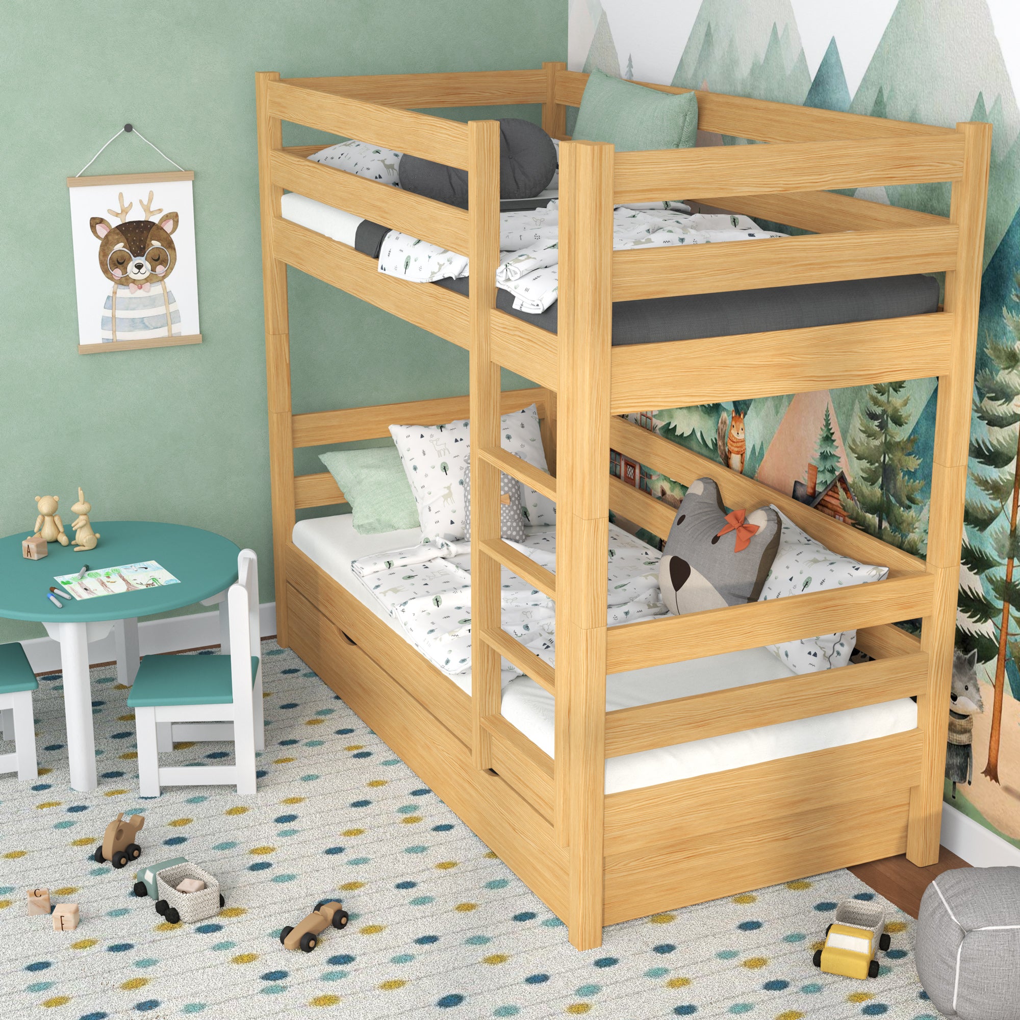 Letto a castello pino naturale per bambini – due della camera da lettoe e cassetto, in legno