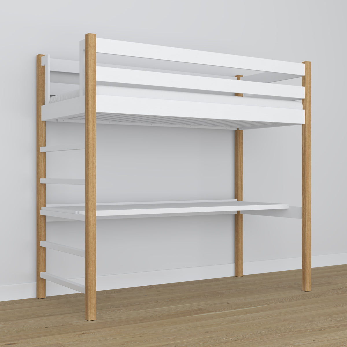Letto a soppalco con scrivania bianco-quercia in legno – dimensioni, Nizio Home