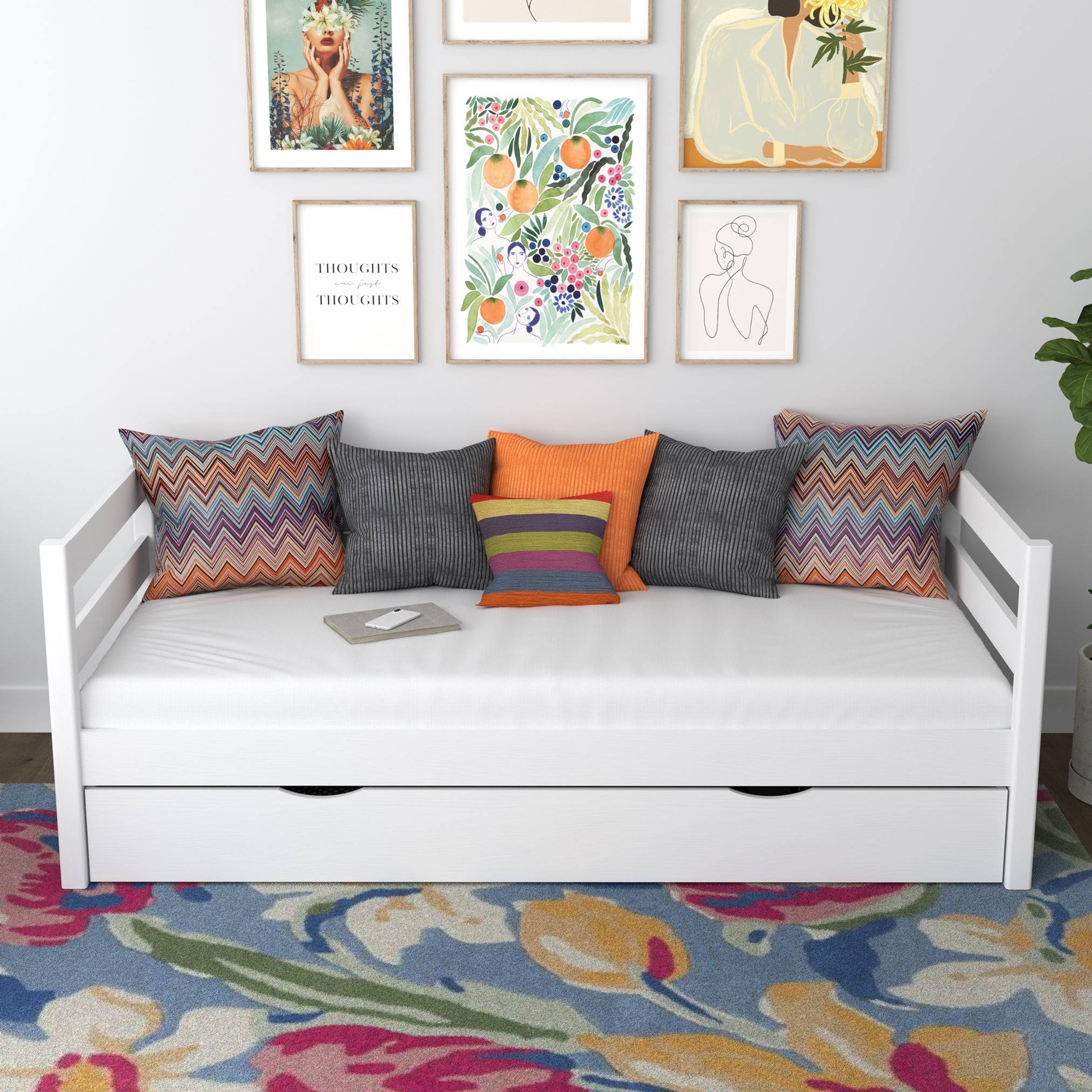 Łóżko sofa biały – boczna bariera drewniane, widok boczny, Nizio