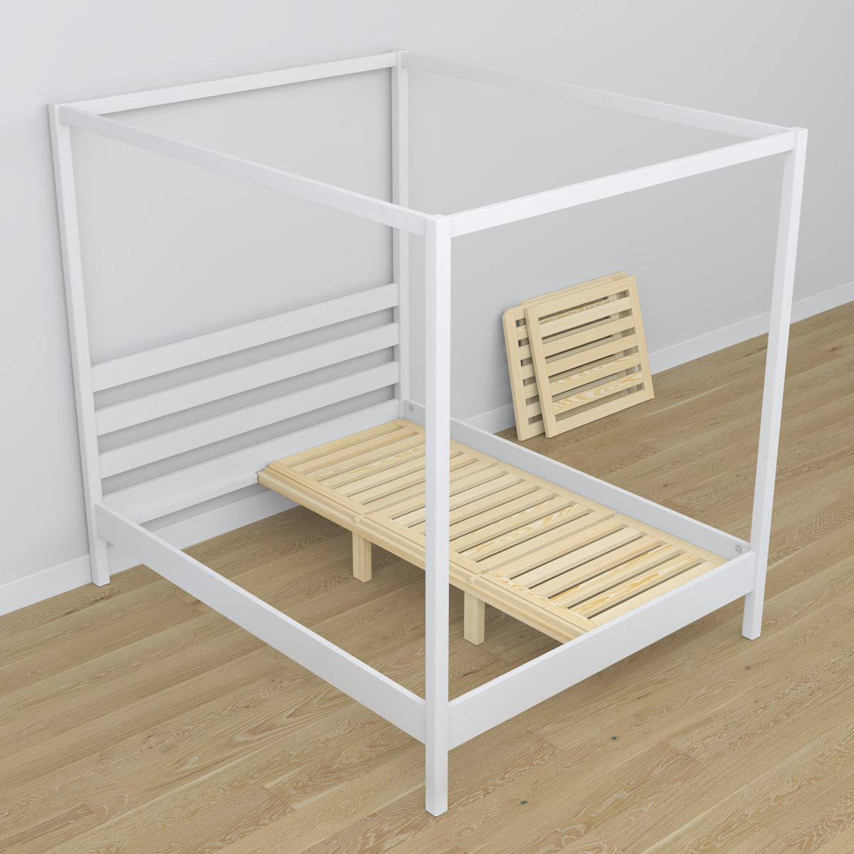 Letto con baldacchino bianco in legno – vista laterale, stile scandi
