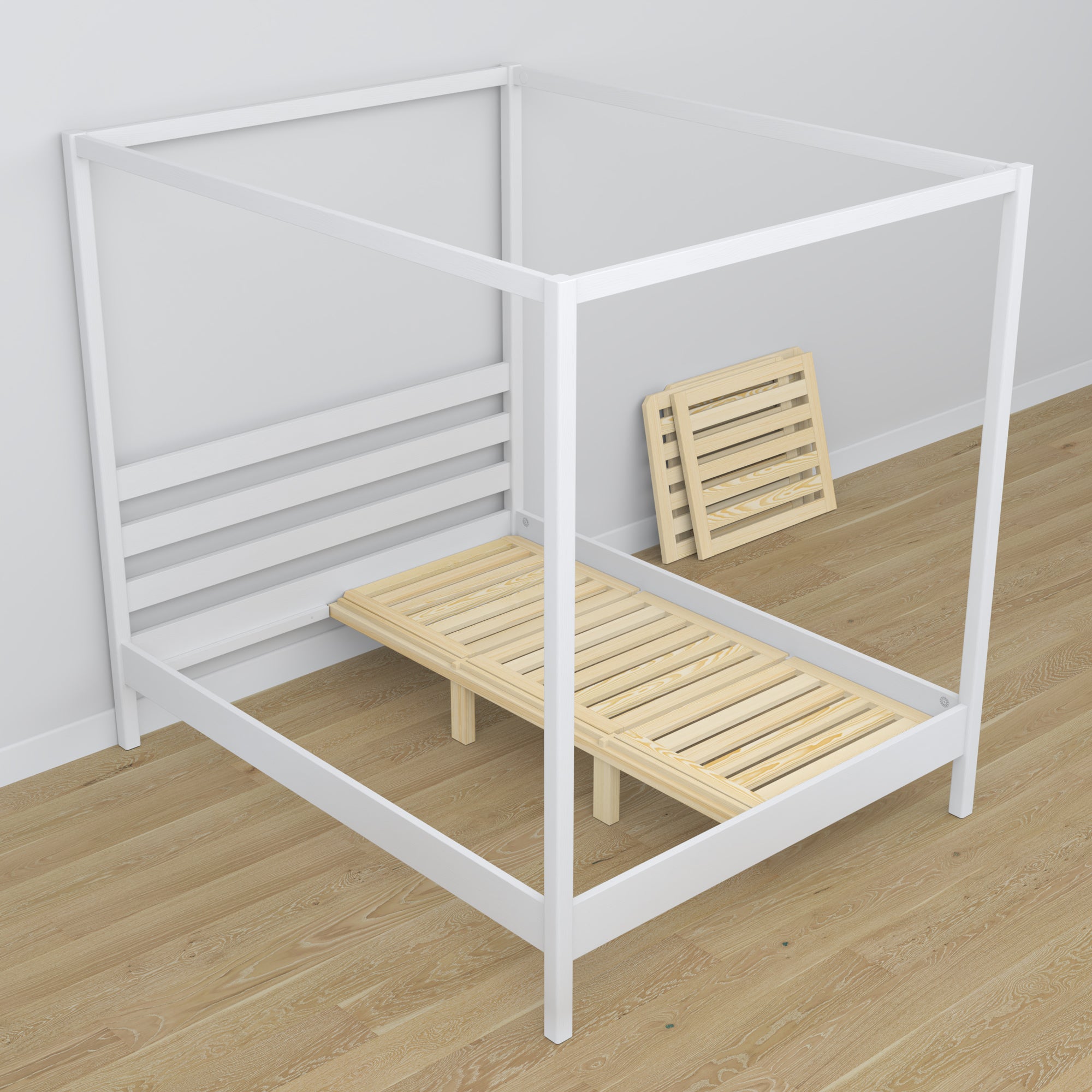Letto con baldacchino bianco in legno – vista laterale, stile scandi
