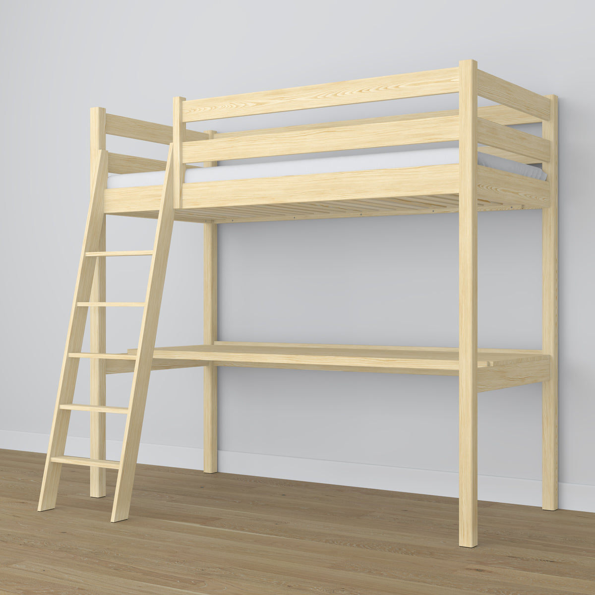Clear Pine Wooden Loft Bed with Desk – Frame and Slats, Nizio