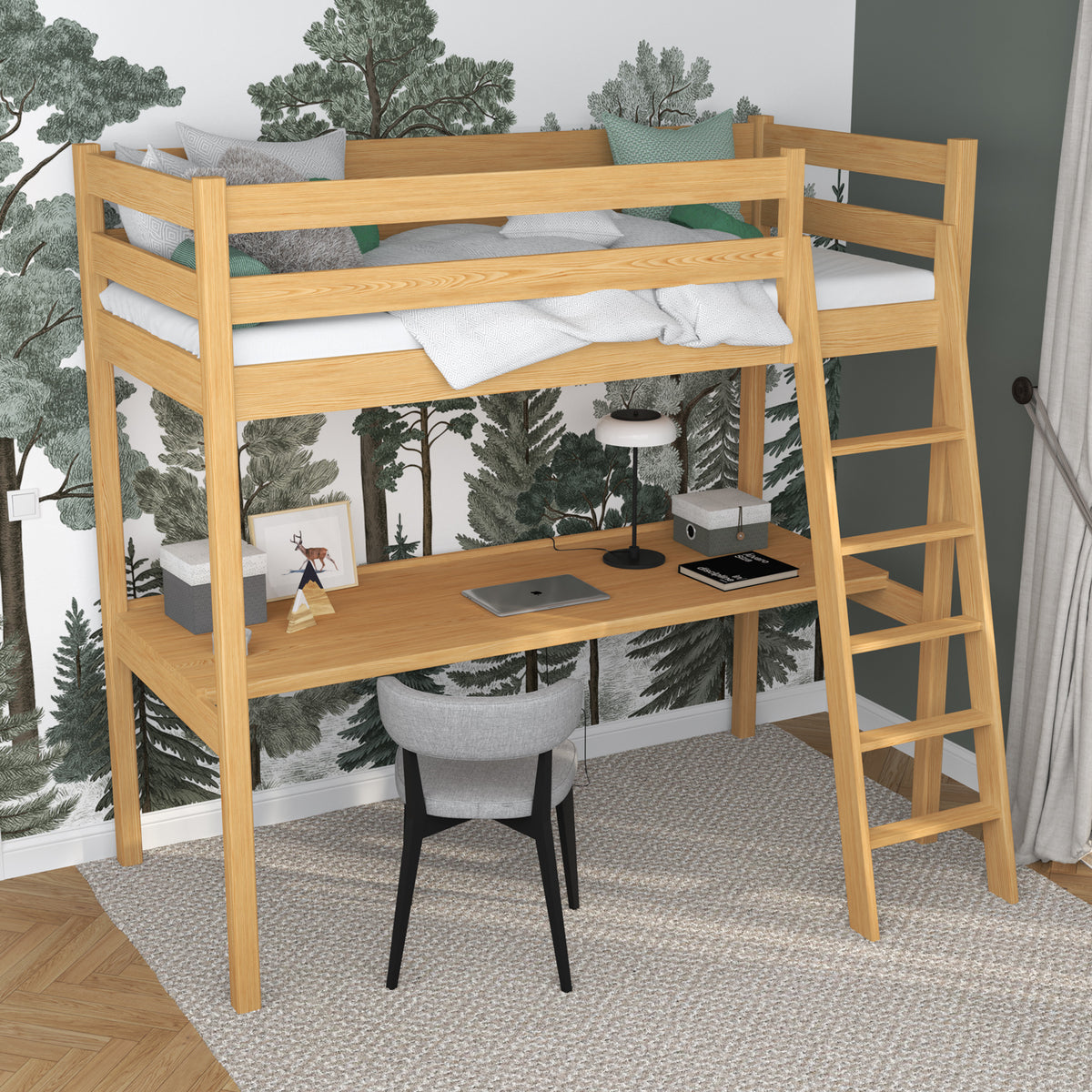 Natural Pine Wooden Loft Bed with Desk – Ladder and Safety Rail