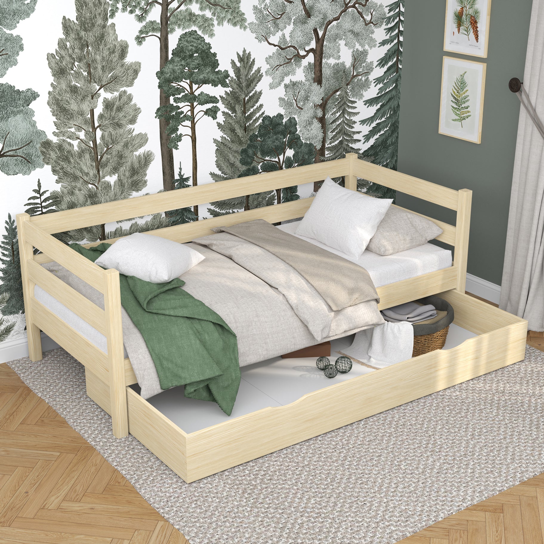 Wooden sofa bed with drawer clear pine – child’s room, scandi style Nizio