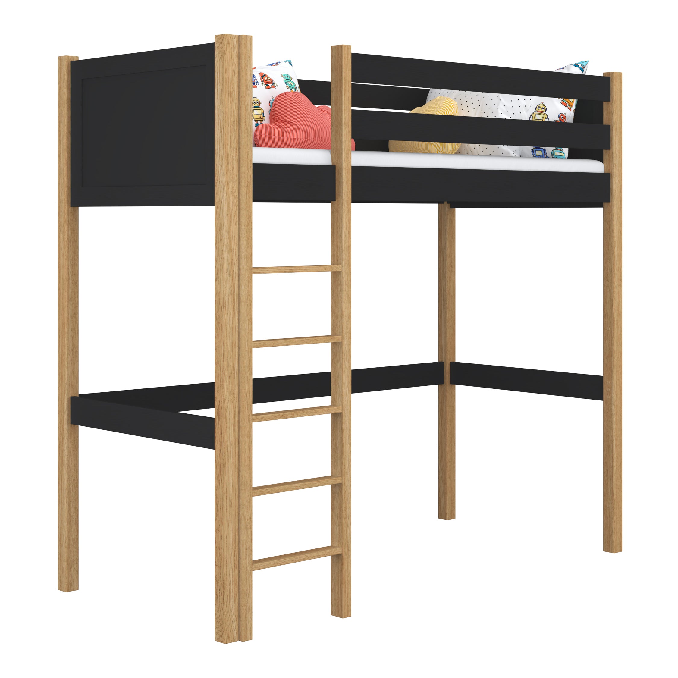 Black and Oak Wooden Loft Bed – Children’s Room, Solid Wood, Scandi Style