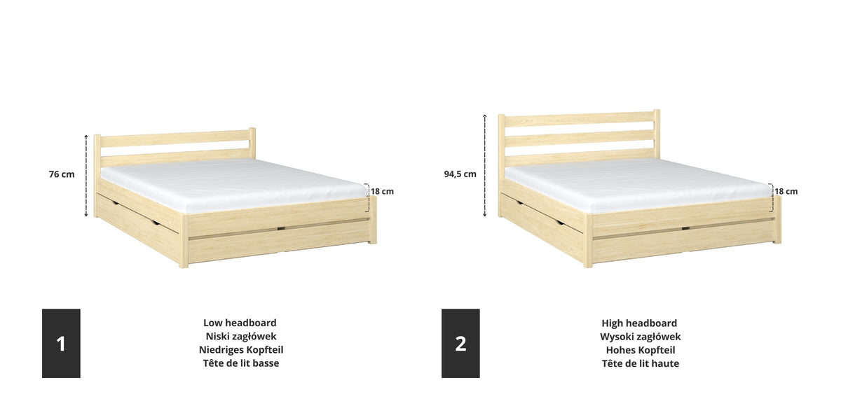 Wooden double bed clear pine – joint and drawer details, Nizio