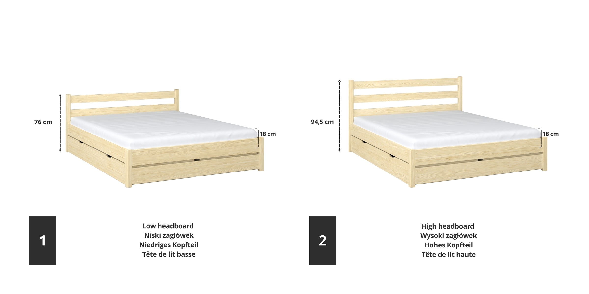 Wooden double bed clear pine – joint and drawer details, Nizio