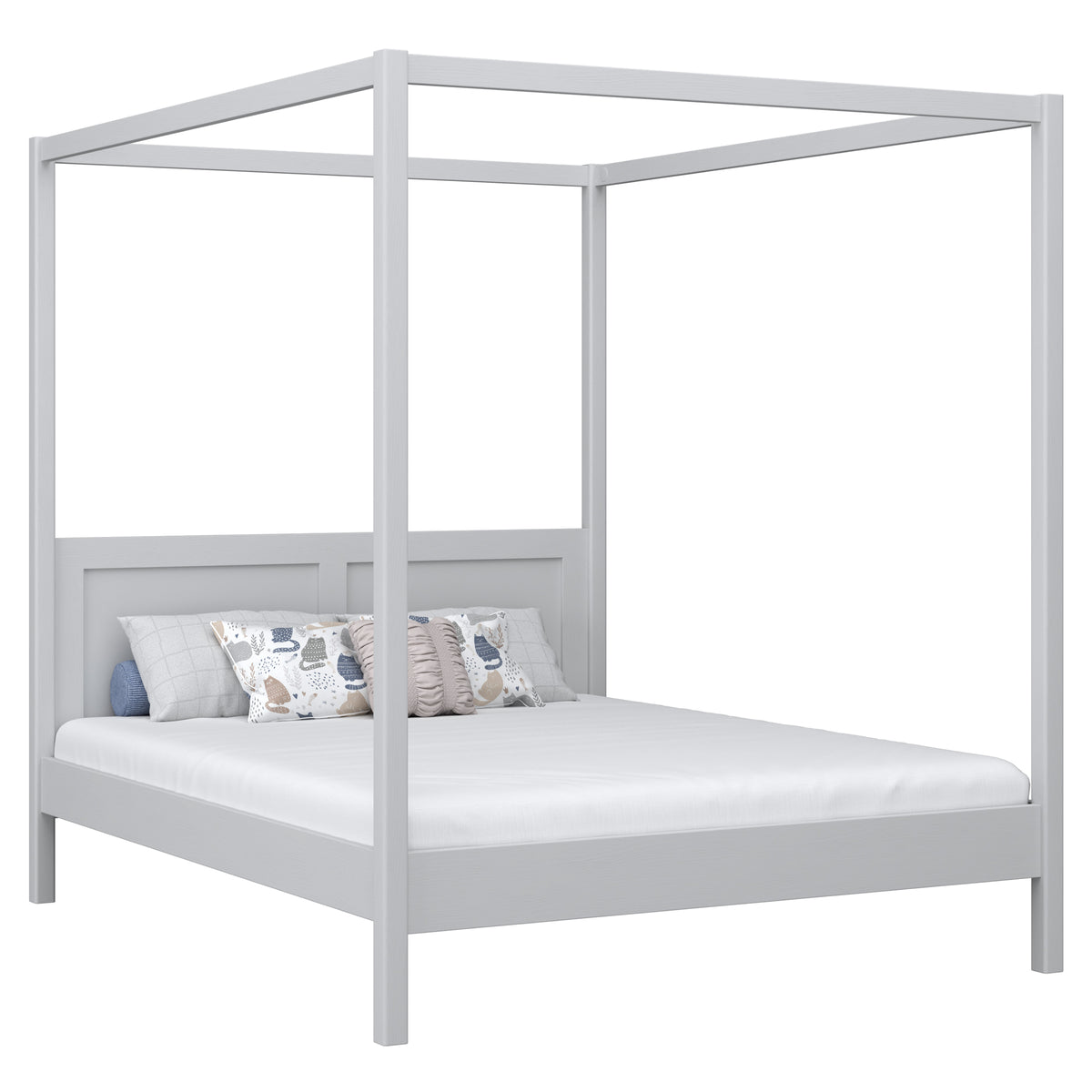 Wooden double bed with canopy grey – bedroom, Scandinavian style