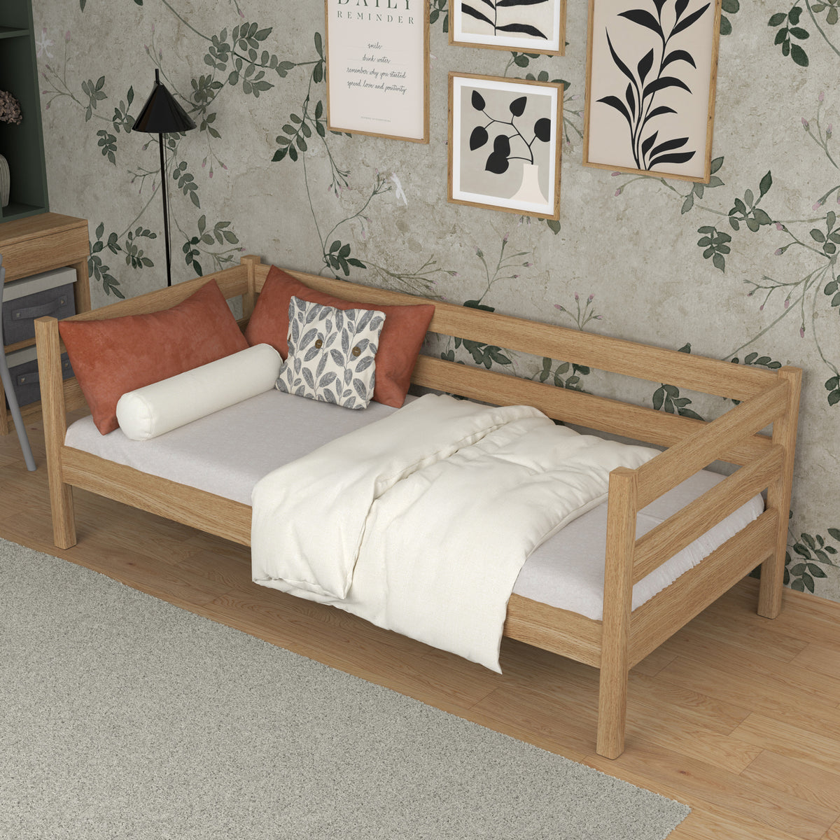Letto divano quercia naturale in nella cameretta dei bambini – allestimento scandi, in quercia