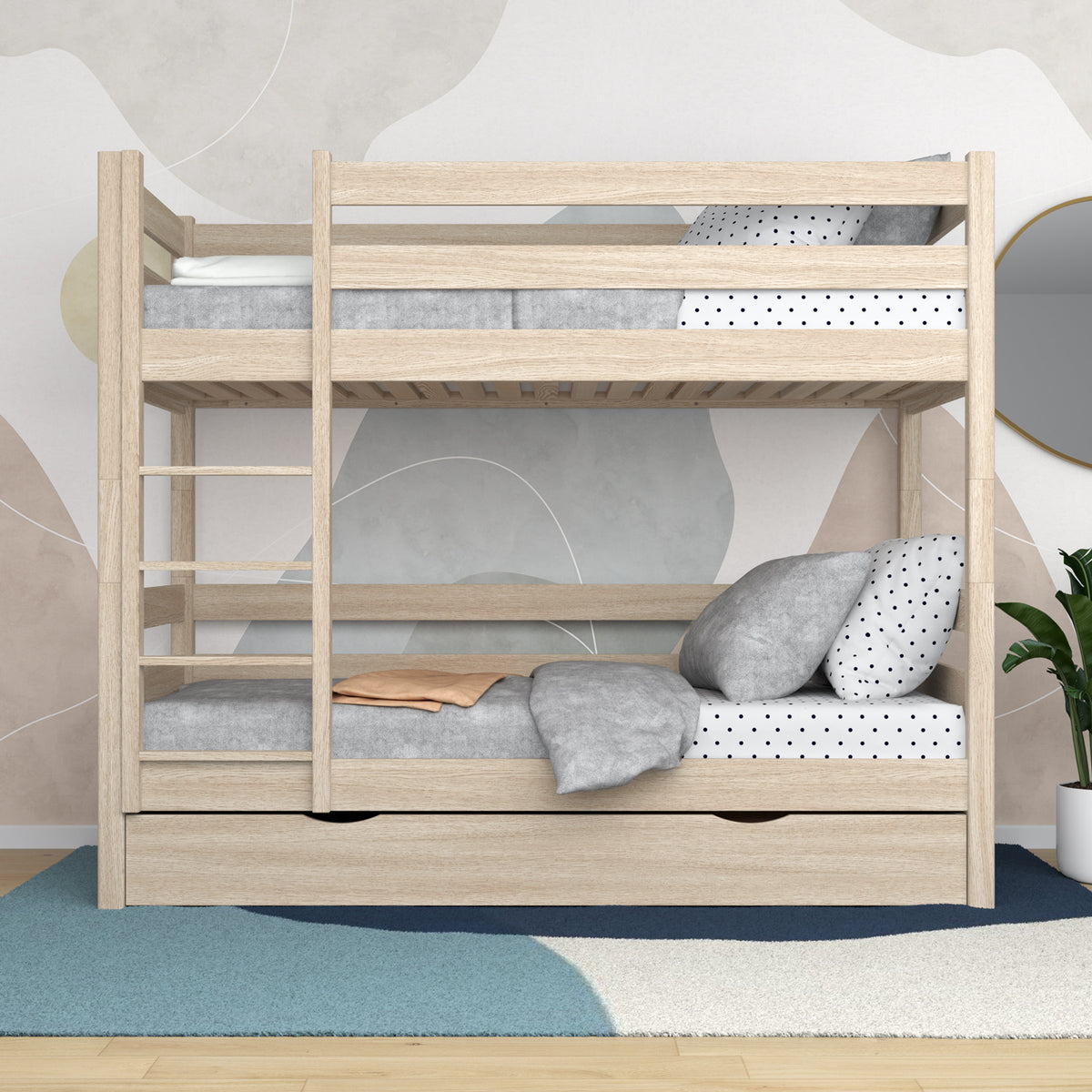 Letto a castello quercia sbiancata con cassetto – sponda e scala in quercia, Nizio