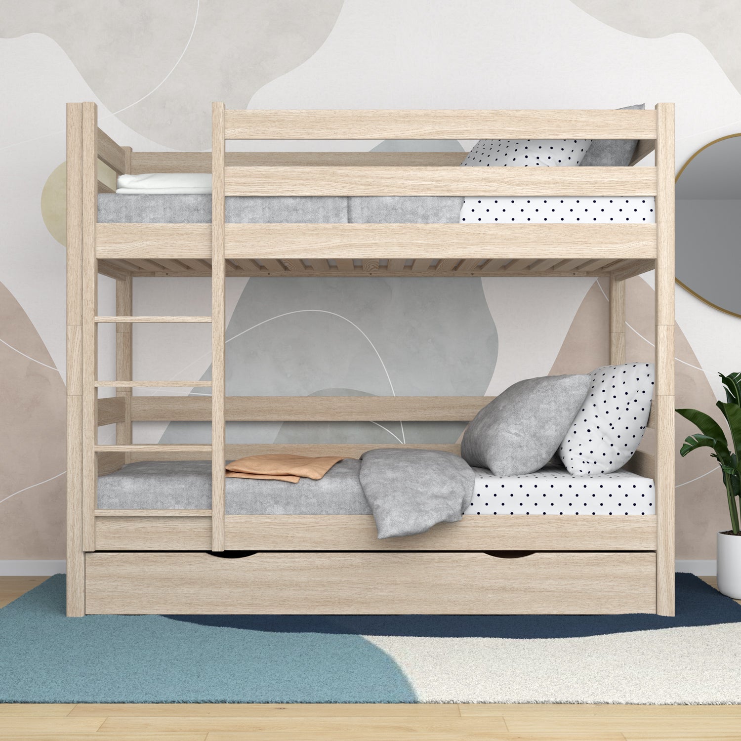 Letto a castello quercia sbiancata con cassetto – sponda e scala in quercia, Nizio