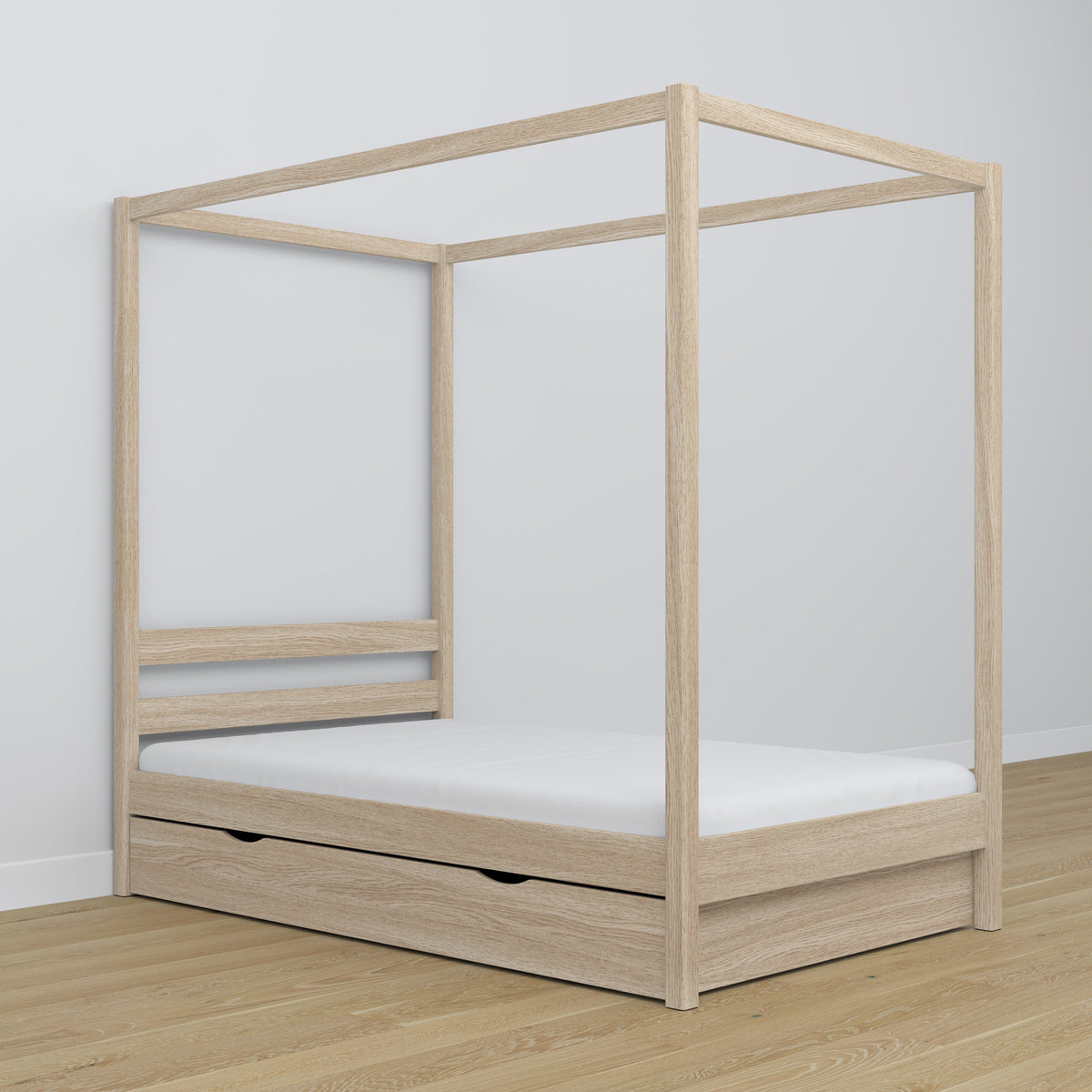 Letto con baldacchino in rovere sbiancata – cornice decorativa, stanza per bambini