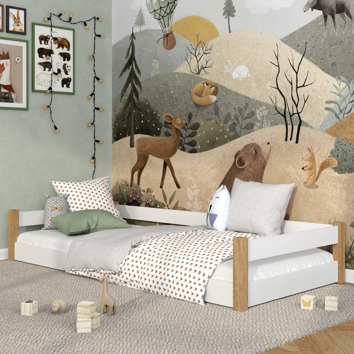 Low Bed White and Oak in Bedroom – Scandinavian Arrangement, Wooden