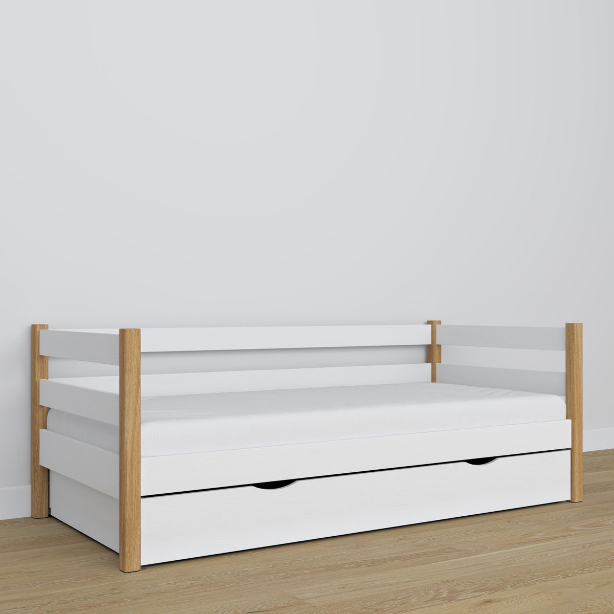 Łóżko sofa biało-dębowy – detale drewniane i złącza, Nizio Home