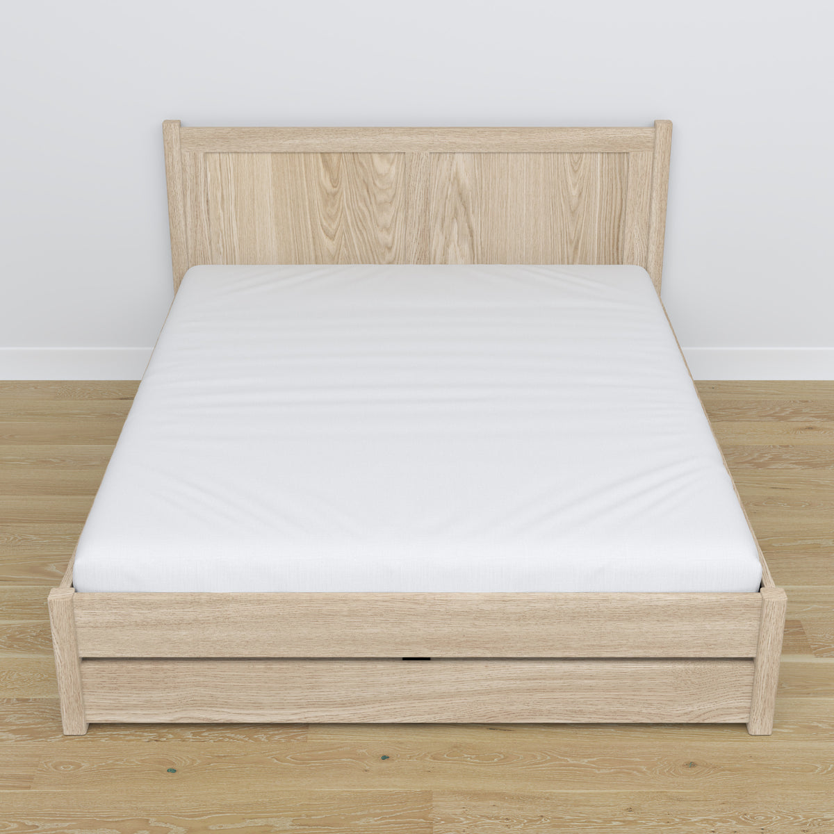 Oak double bed with drawer bleached oak – angled view, scandi bedroom