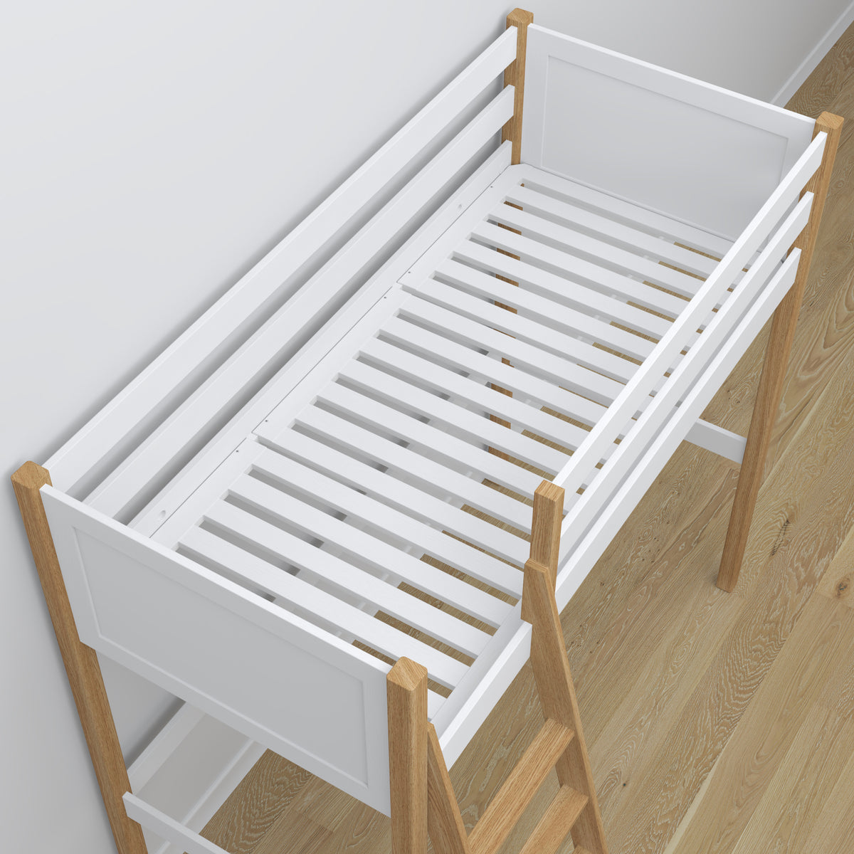 White and Oak Wooden Loft Bed – Ladder and Joint Details, Nizio Home
