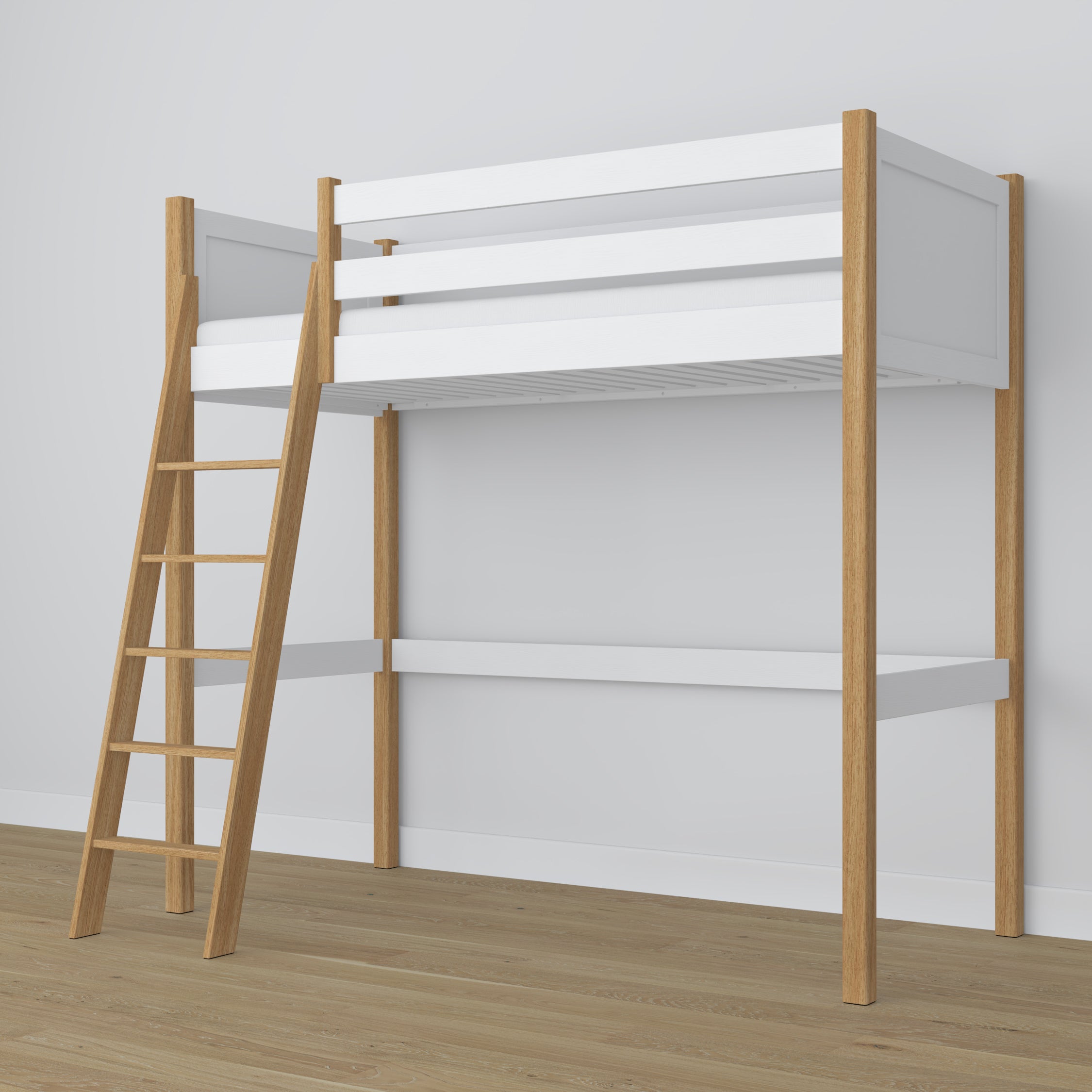White and Oak Wooden Loft Bed – Slatted Frame, Side View